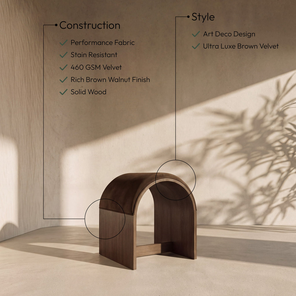 Sable - Velvet Performance Fabric Upholstered Bench