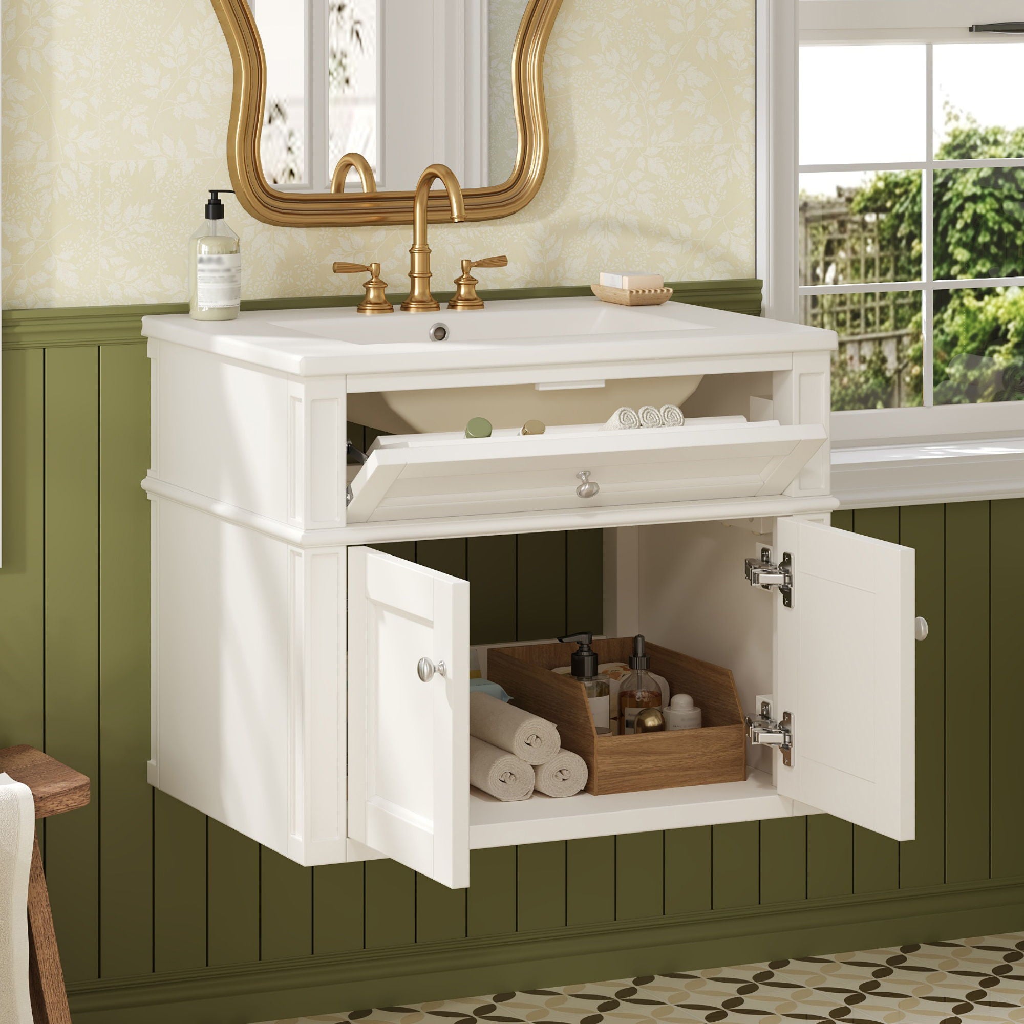 Wall Mounted Bathroom Vanity With Tip Out Drawer And Open Back Design