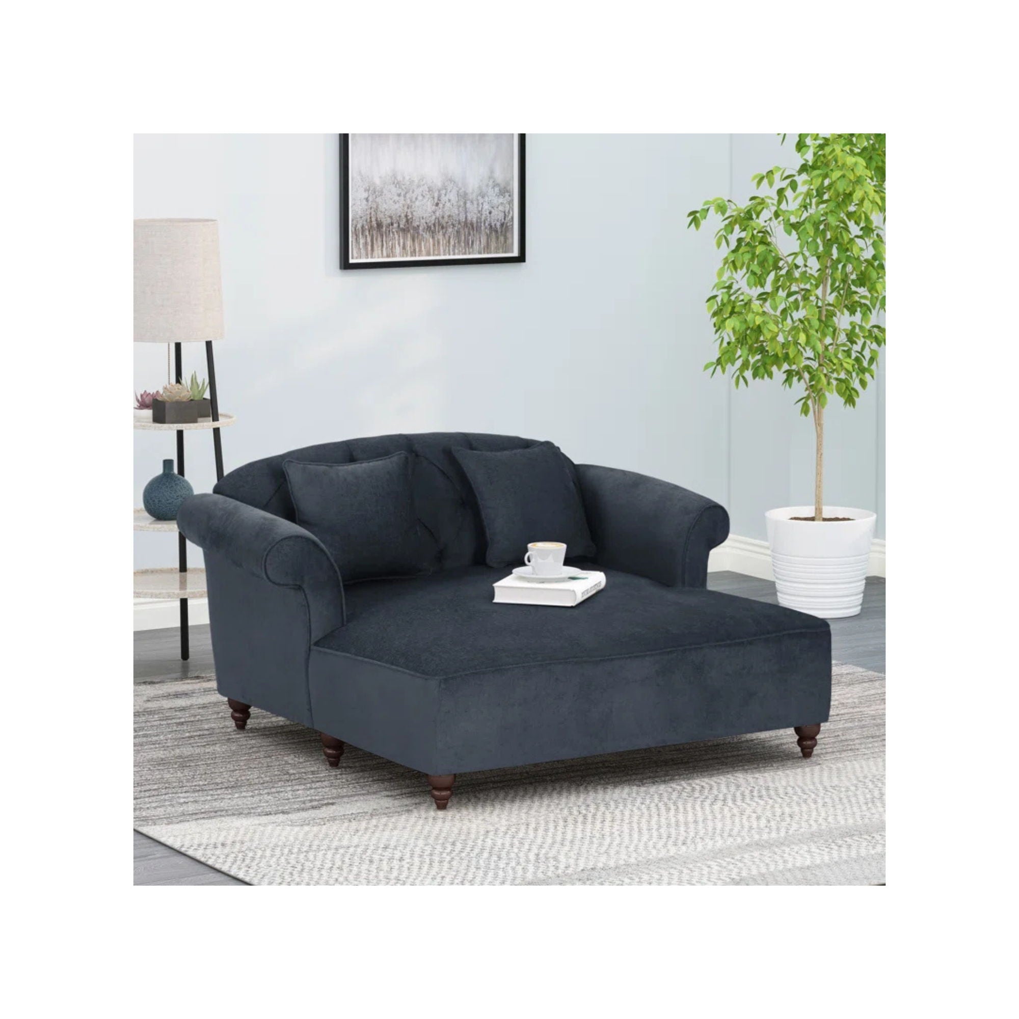 Upholstered Chaise Lounge & Scroll Arms, Turned Legs And 2 Pillows - Charcoal