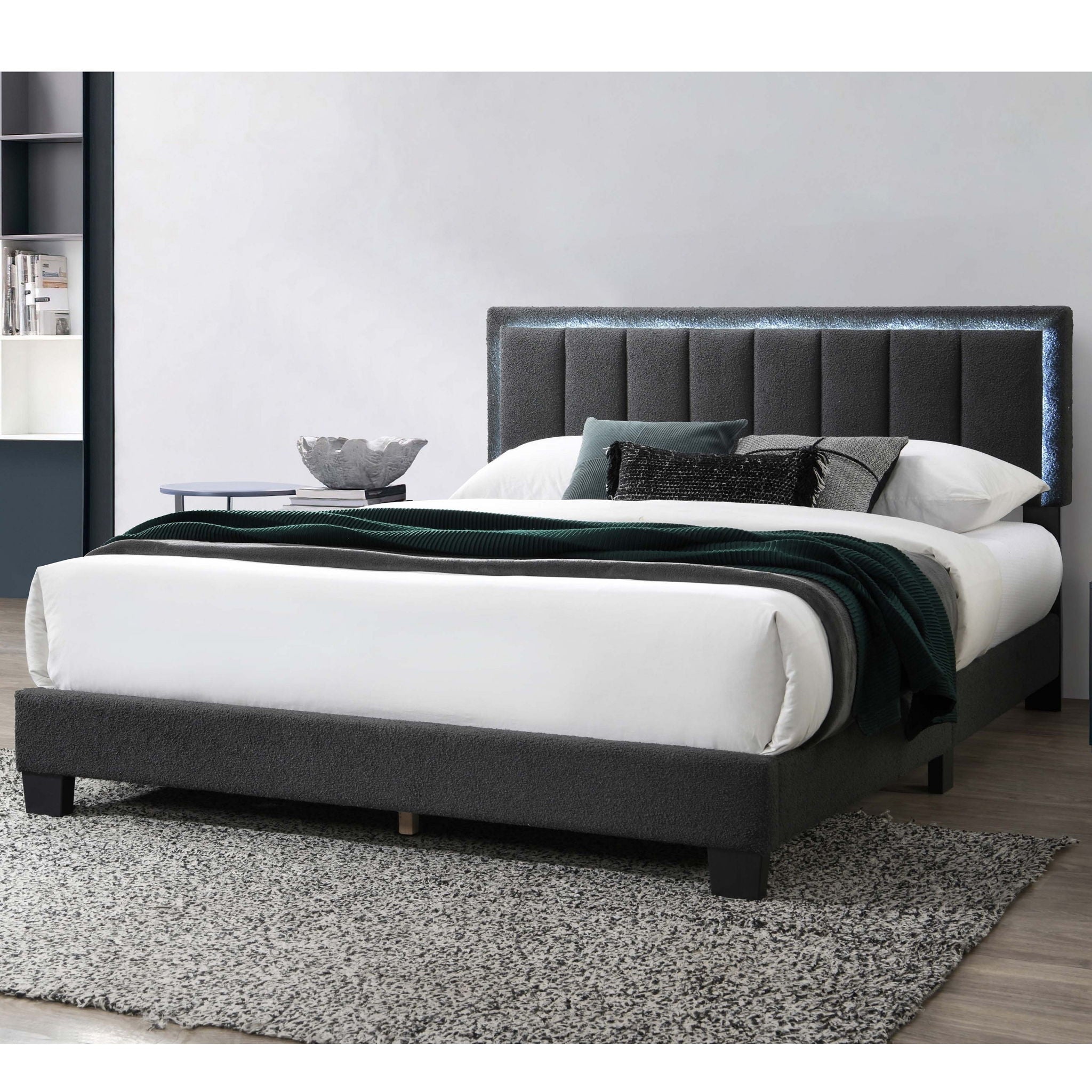 Queen Upholstered Bed With LED - Charcoal
