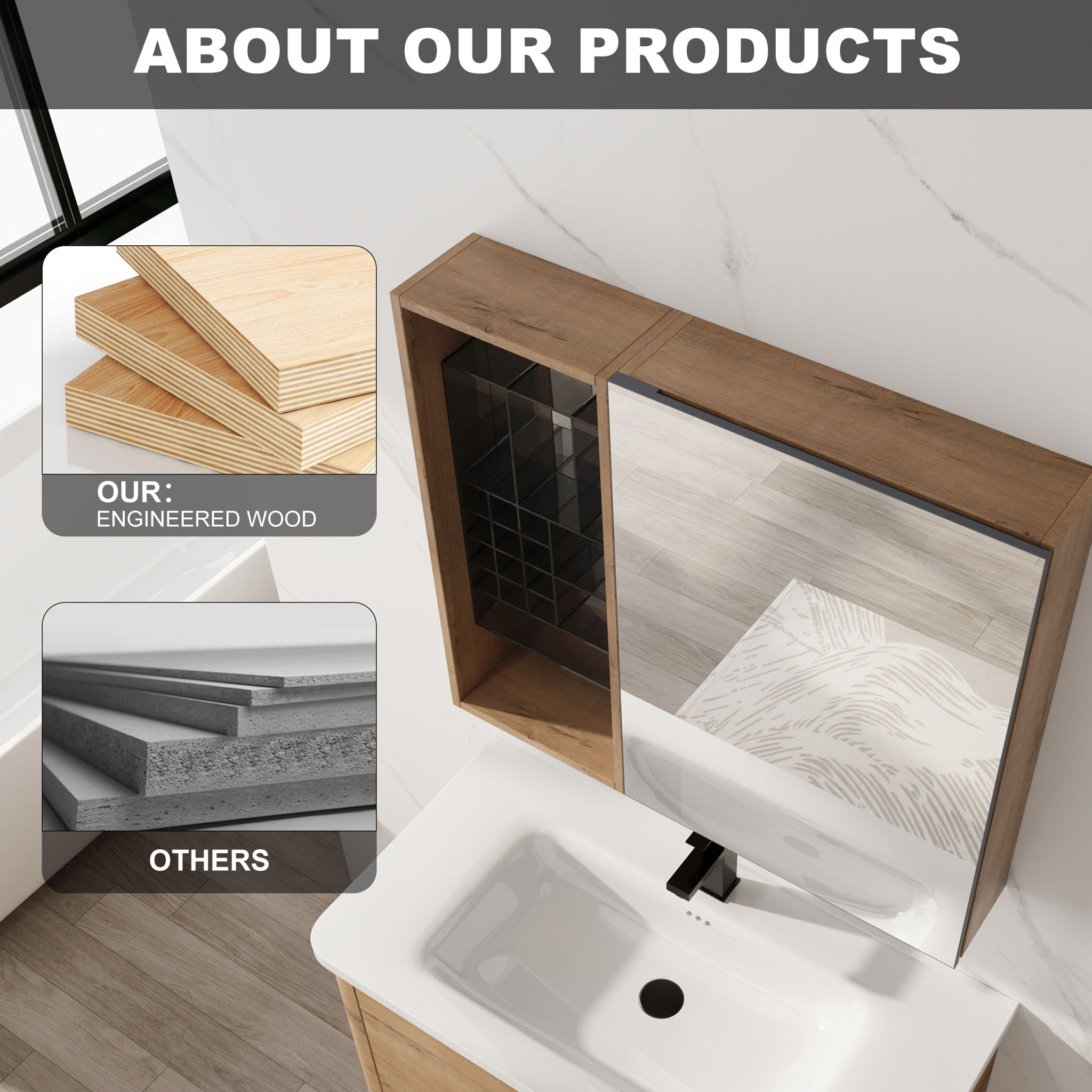 Wall Mounted Bathroom Mirror Cabinet With Adjustable Shelves - Imitative Oak