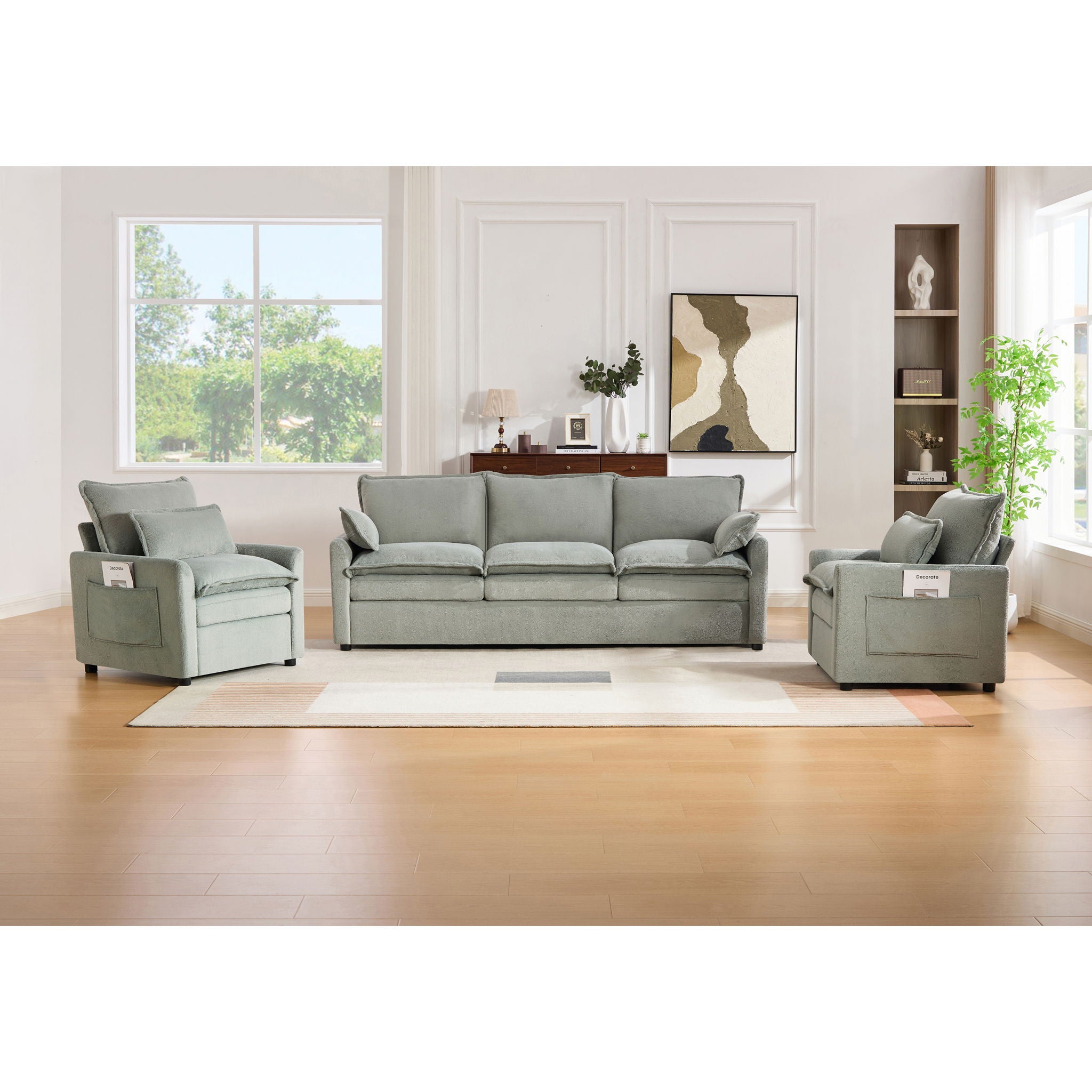 Modern Sofa Set With Double Layer Cushion And Side Storage Pockets