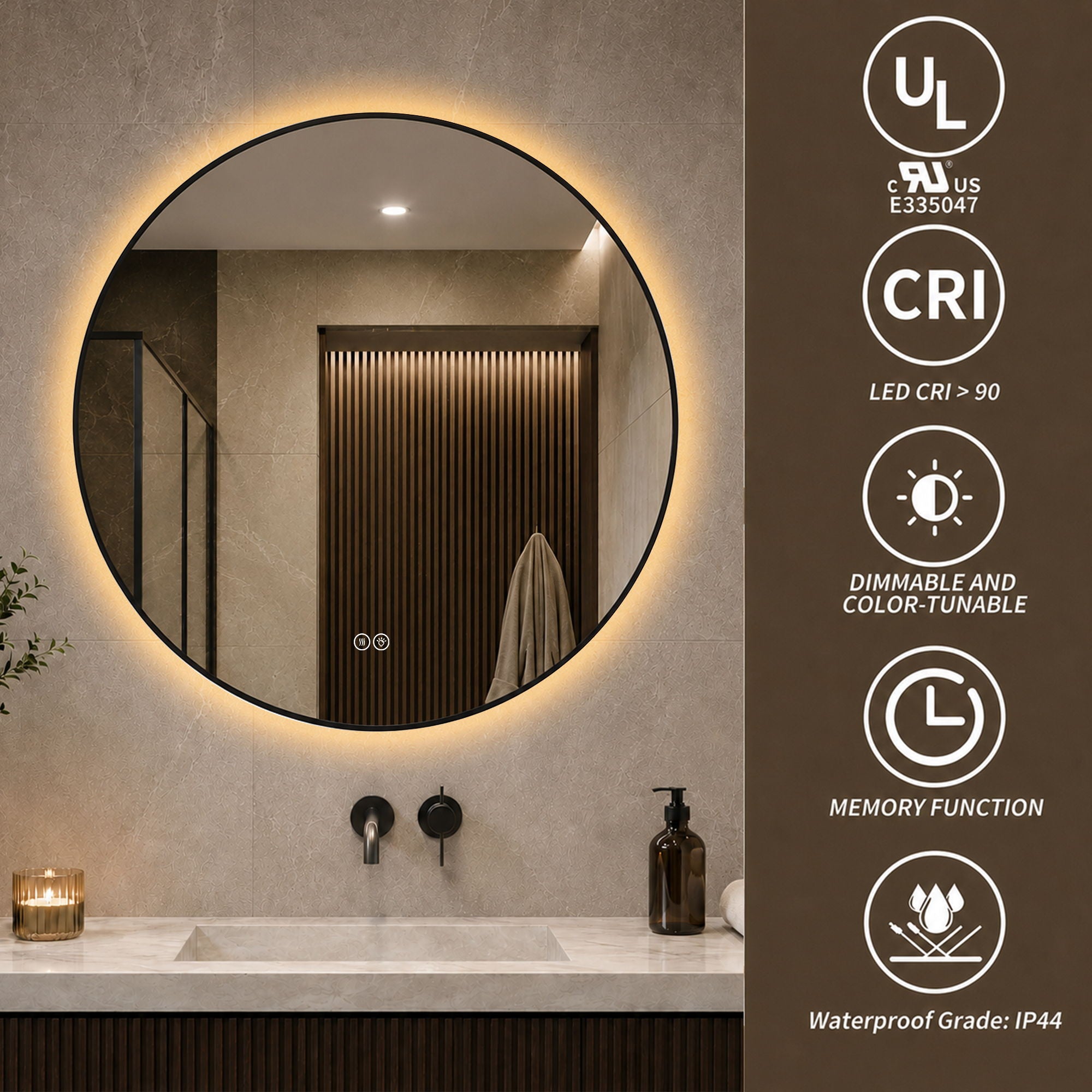 Round Framed Dimmable ED Bathroom Mirror With Anti Fog