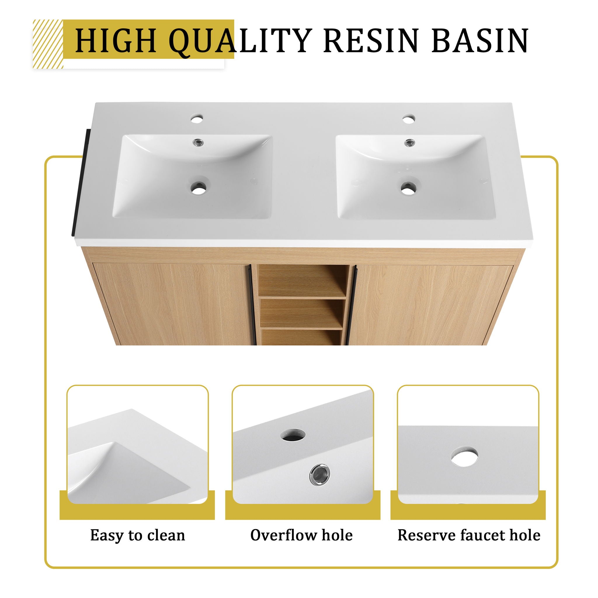48" Freestanding Bathroom Vanity With Double Sink, 2 Soft Close Doors & 3 Open Shelves - Oak