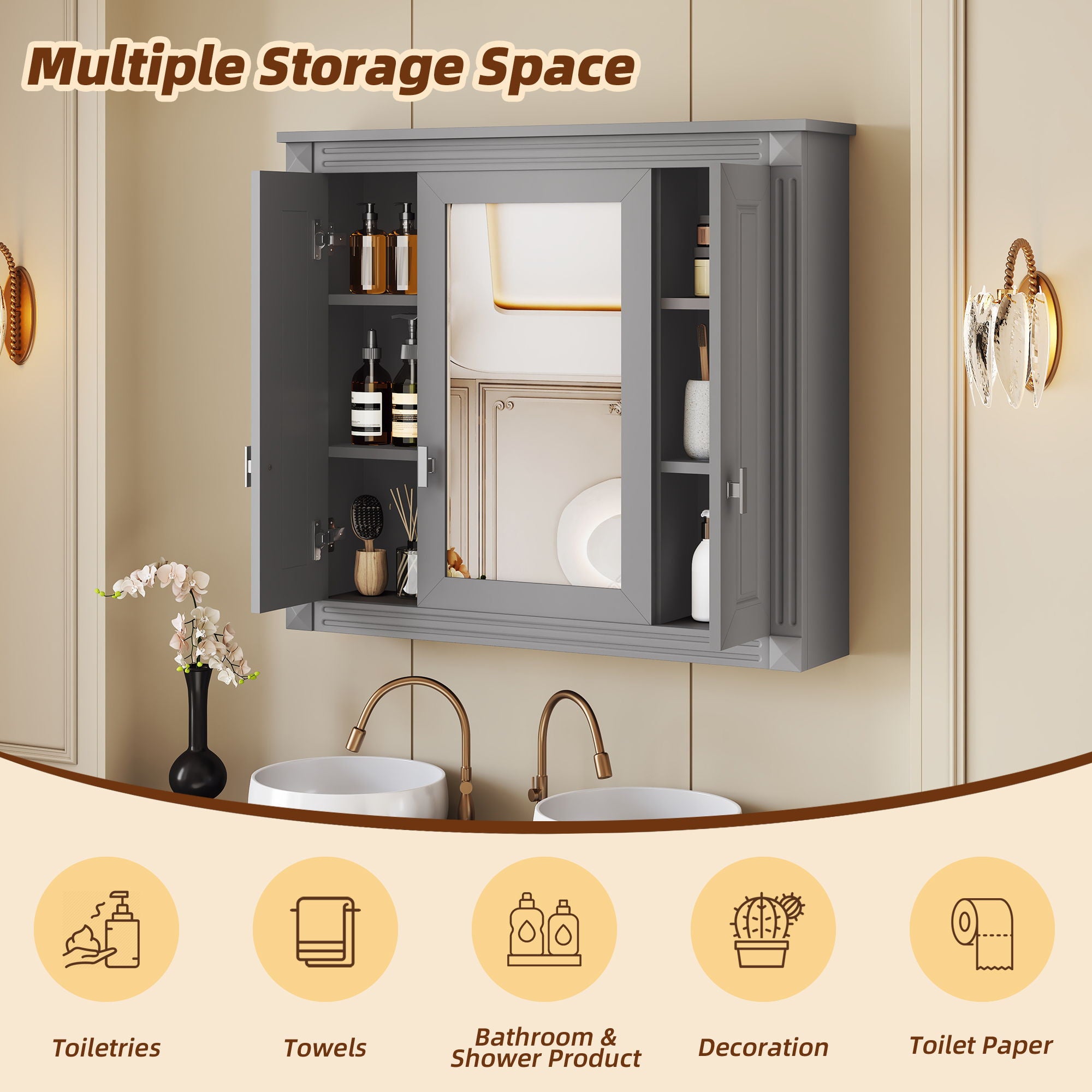 Wall Mounted Bathroom Cabinet With Mirror And 4 Shelves, Rectangular Design - Gray