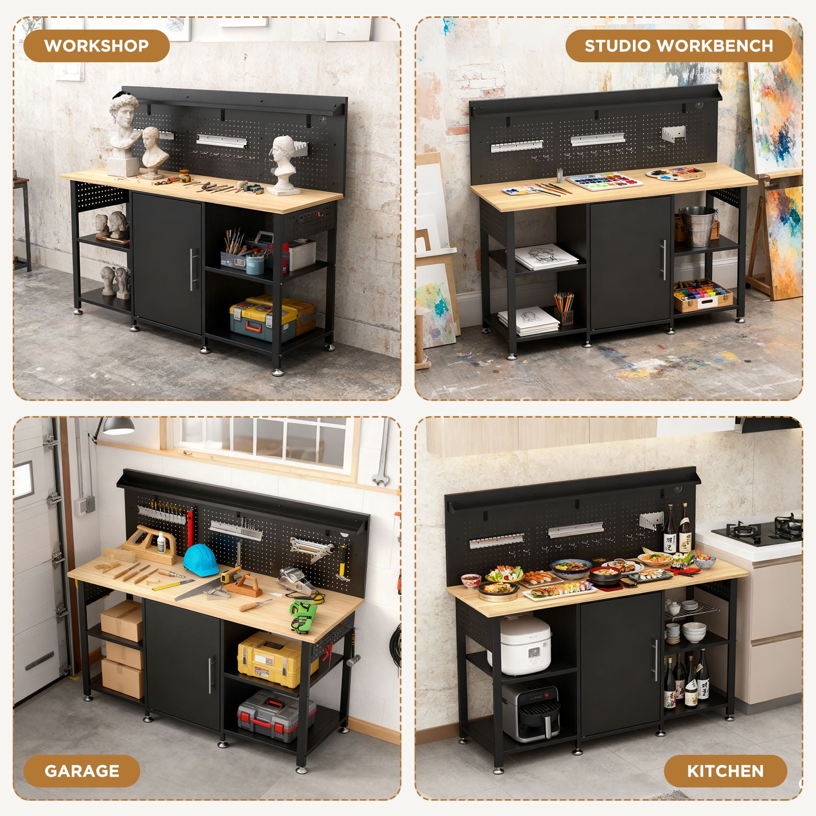 Workbench With Storage Cabinet And Pegboard - Black