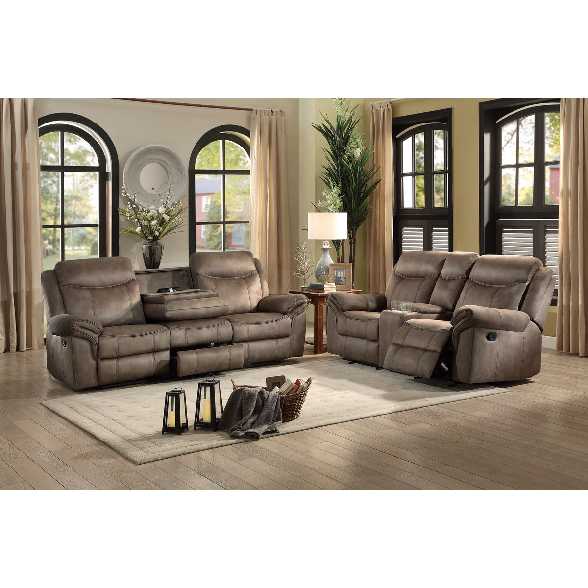 Aram - Double Reclining Sofa With Center Drop-Down Cup Holders, Receptacles, Hidden Drawer And USB Ports