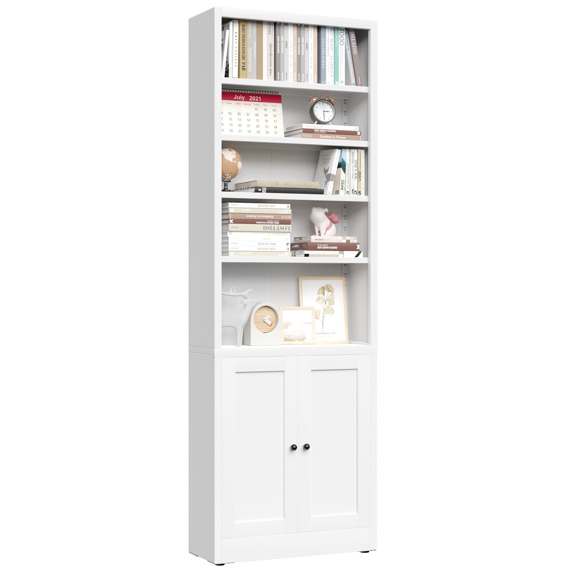 Bookcase Tall 5-Tier Adjustable Storage Shelf With Door Deep - White