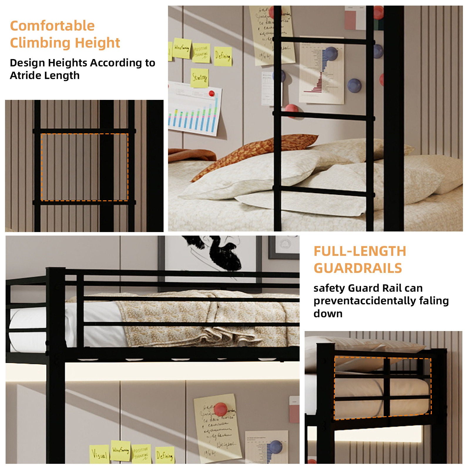 Bunk Bed For Kids, Convertible Frame With Ladders & Guardrail