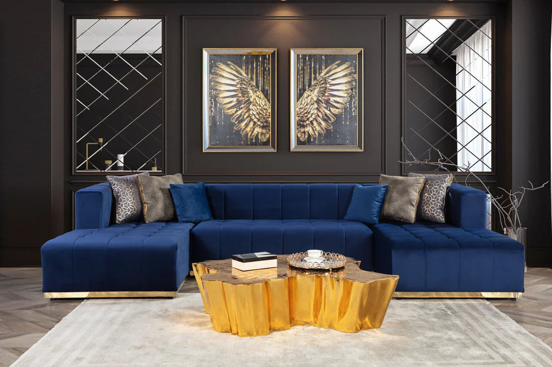 Elisha, double chaise blue velvet sectional,