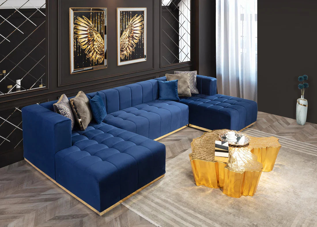 Elisha, double chaise blue velvet sectional,