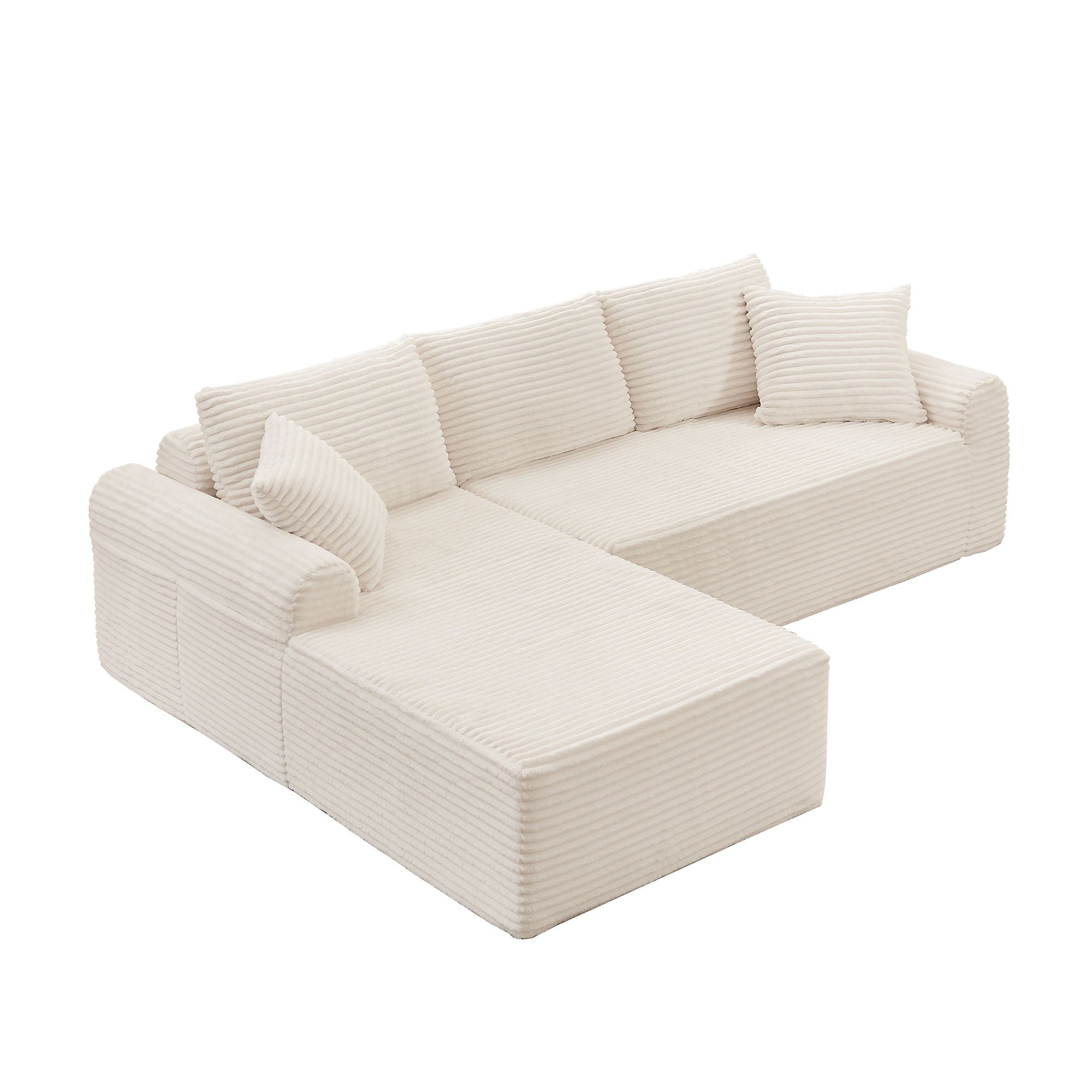 Full Compression Chaise Lounge Set Modular Corduroy Sectional With Arched Armrests Non Slip Base Includes 3 Back Cushions & 2 Throw Pillows - White