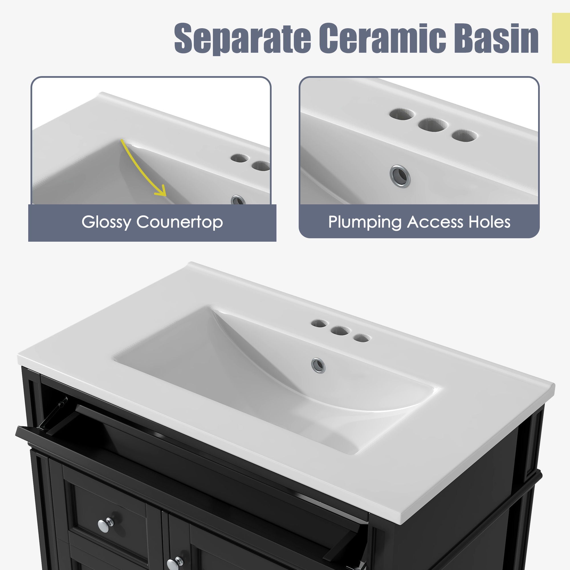 Bathroom Vanity With Top Sink, 3 Drawer Storage Cabinet, Rectangular Design - Black