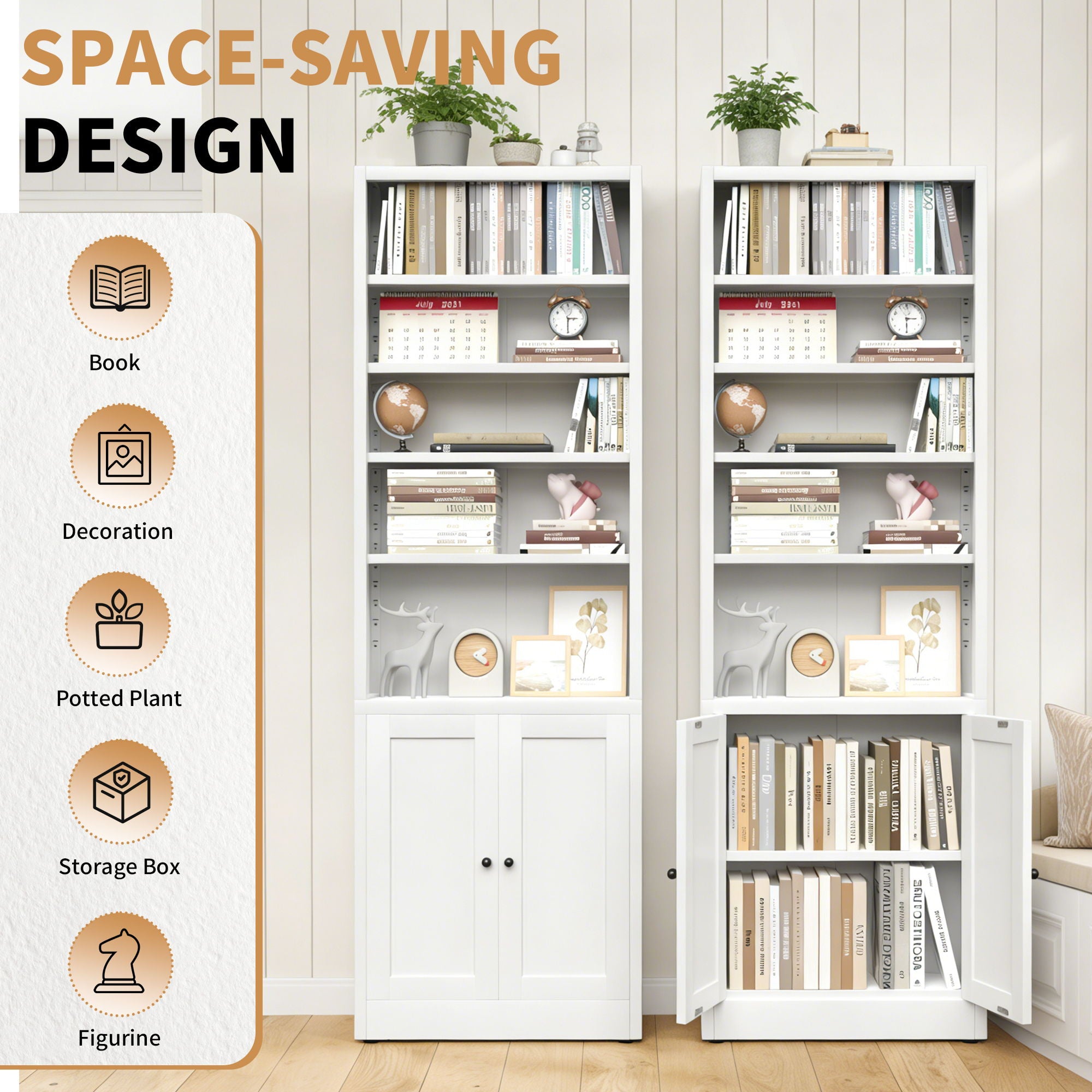 Bookcase Tall 5-Tier Adjustable Storage Shelf With Door Deep - White
