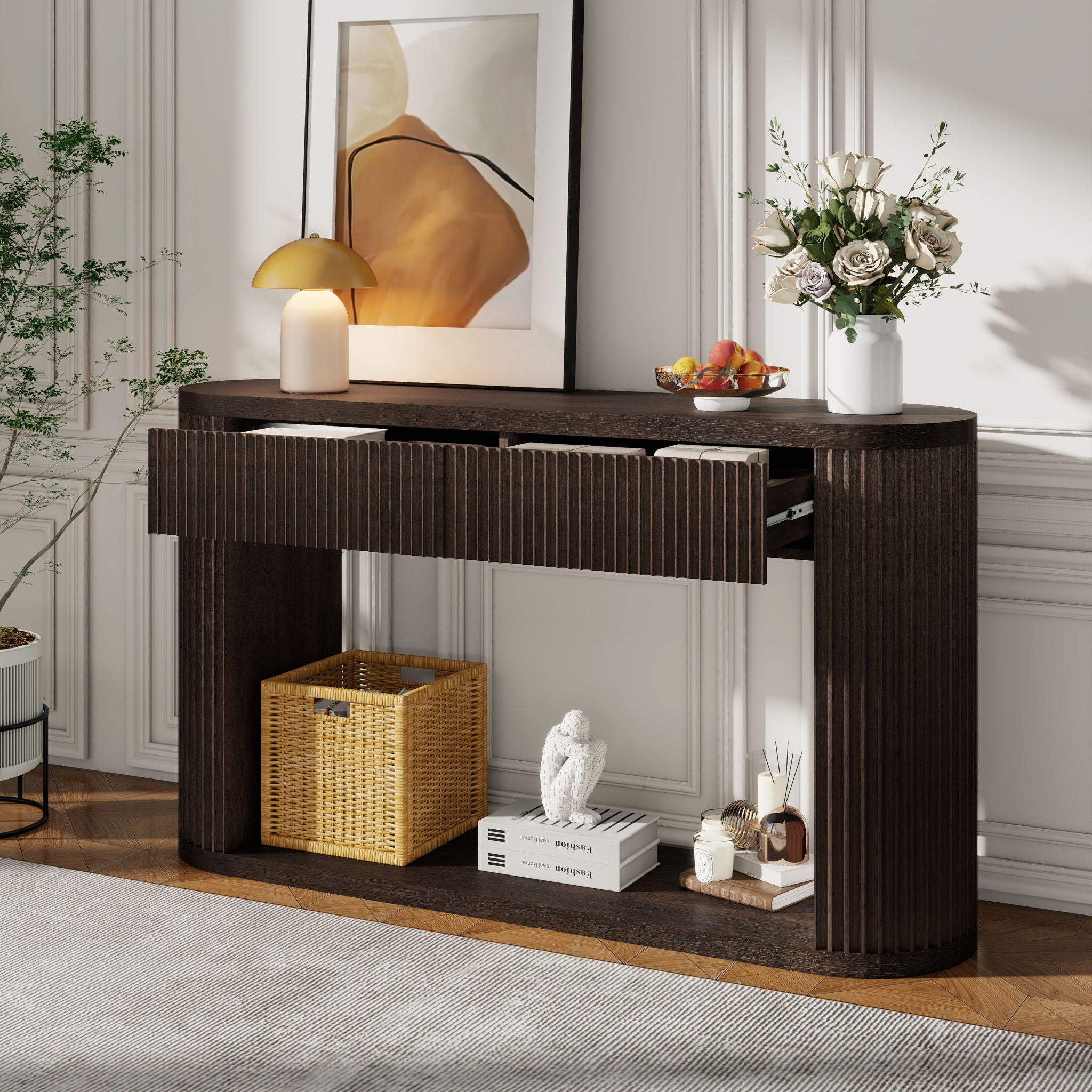 Oval Fluted Console Table With 2 Drawers And Bottom Shelf