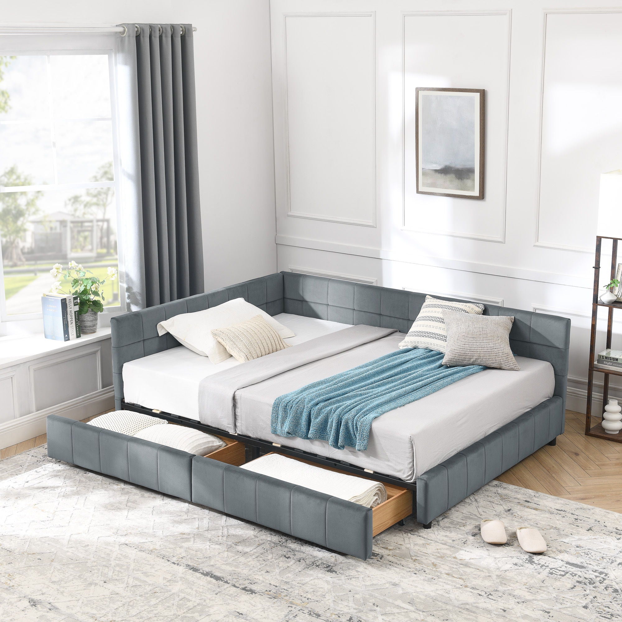Elegant Storage Upholstered Tufted Bed Frame With Backrest And Armrests