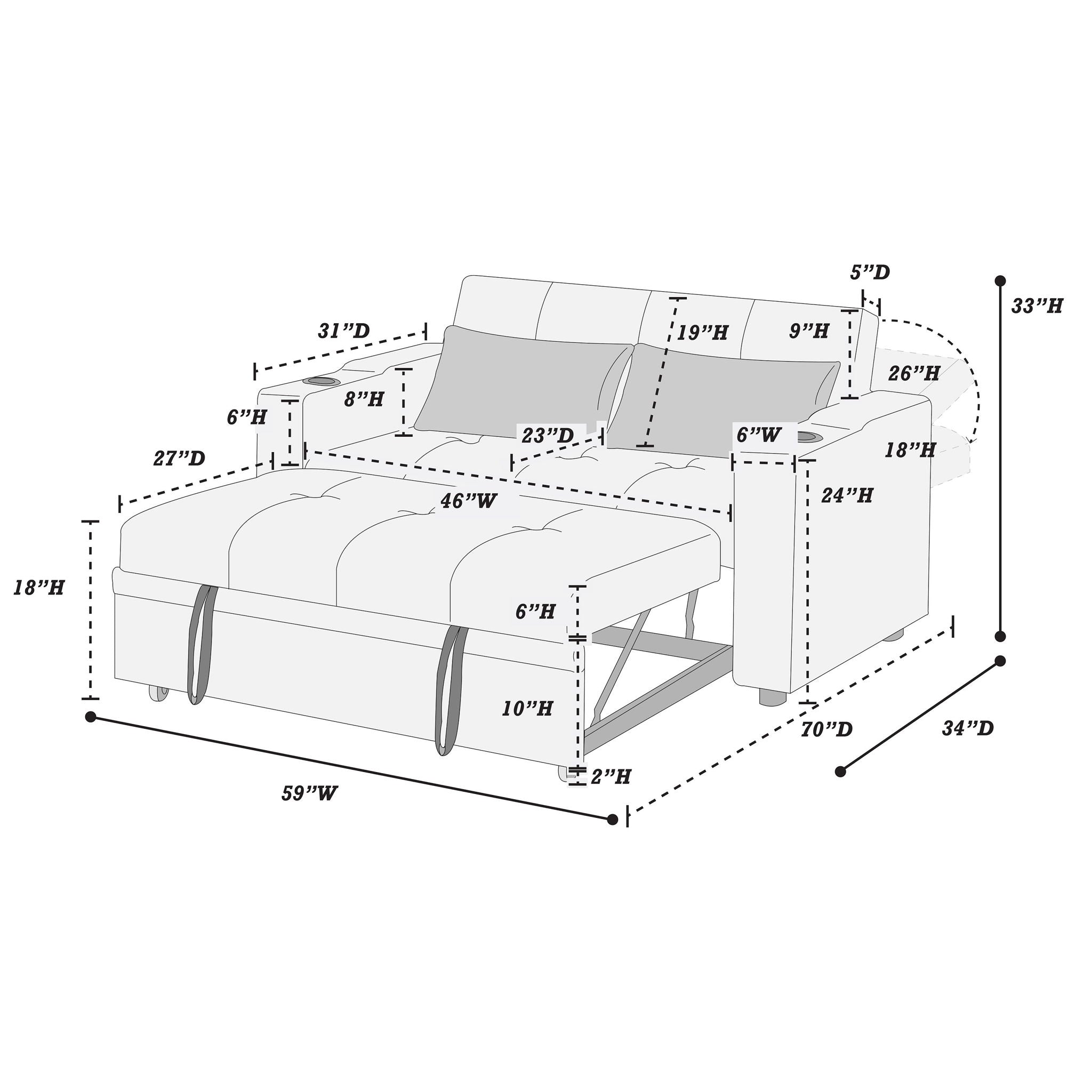 Modern Style Convertible Sofa With Pull-Out Bed, USB Ports & Cup Holders