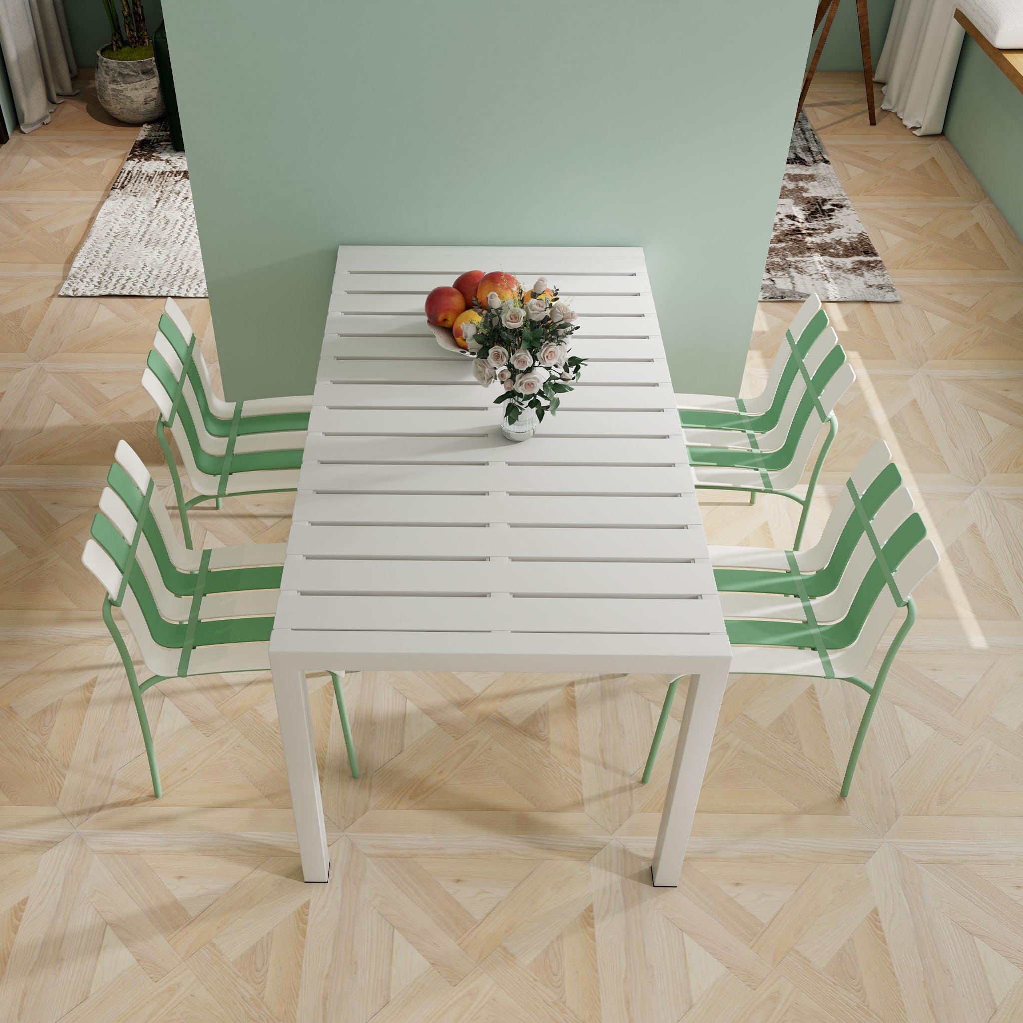 4 Piece Set Of Striped Color Blocking Single Chairs With Long Table - Cream White / Haze Green / White