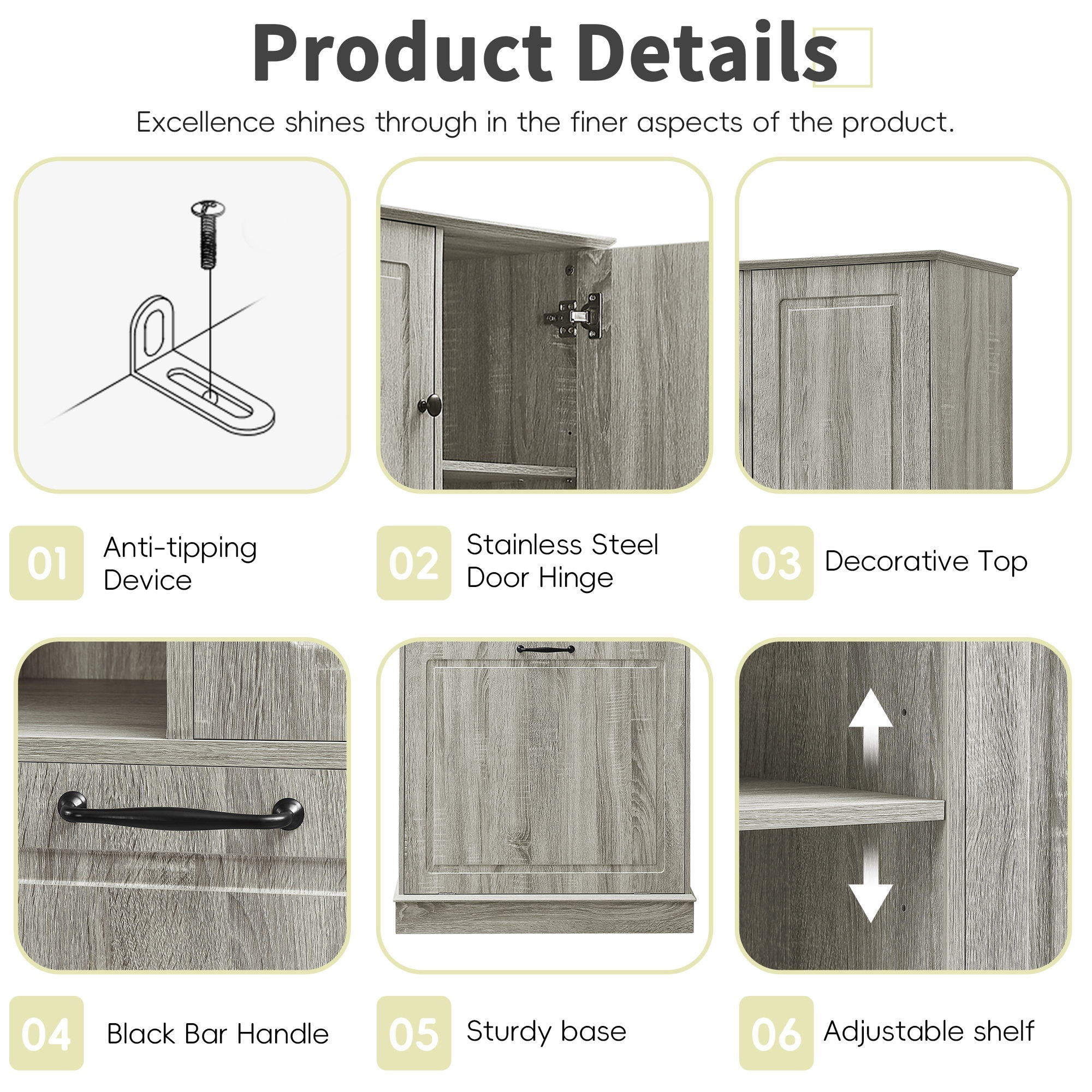 Modern Tall Storage Cabinet With Adjustable Shelves, Flip-Out Basket & Enclosed Doors