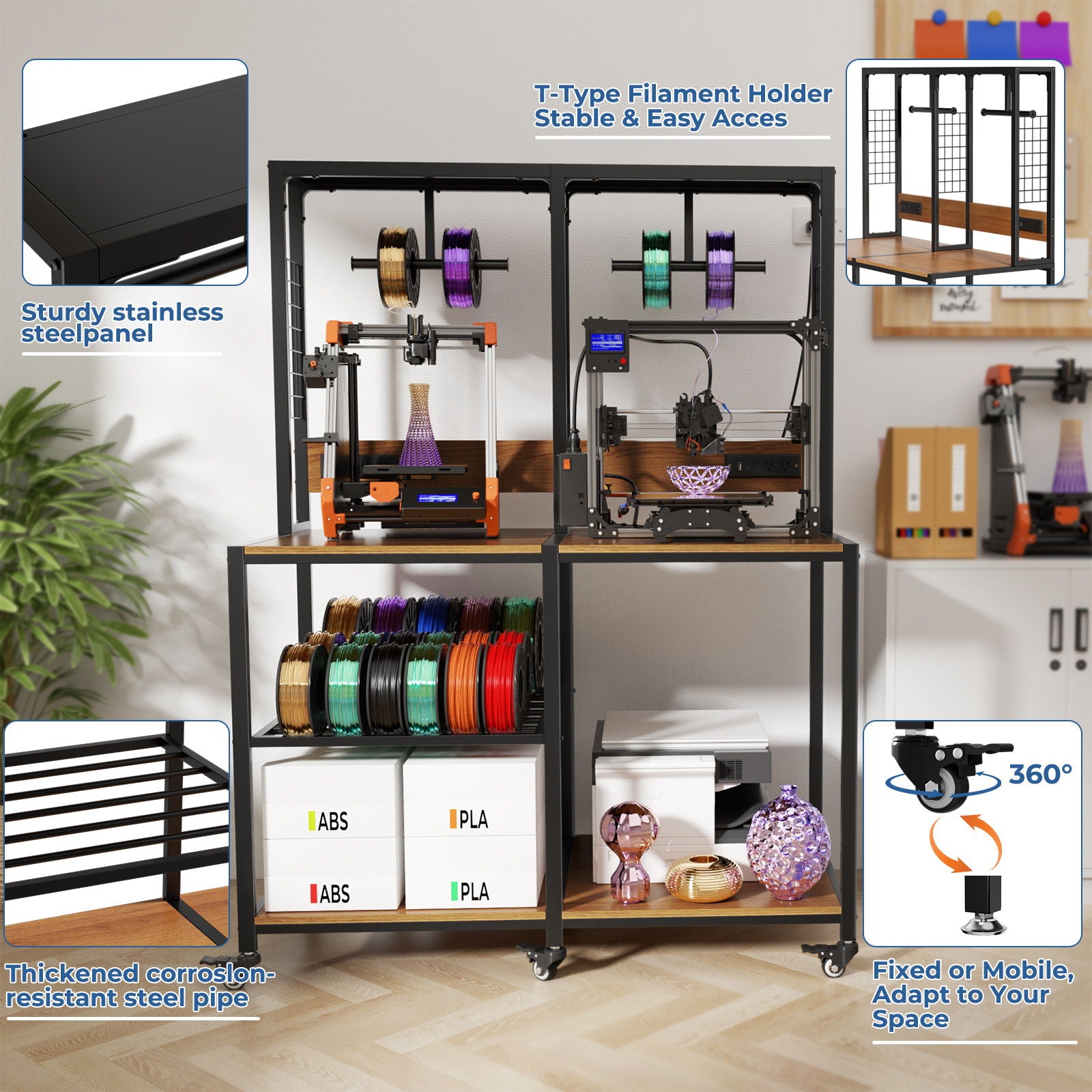 Double 3D Printer Stand With Filament Storage, T-Type Filament Holder, Lockable Wheel, Mobile Or Fixed Printer Rack For Home - Black