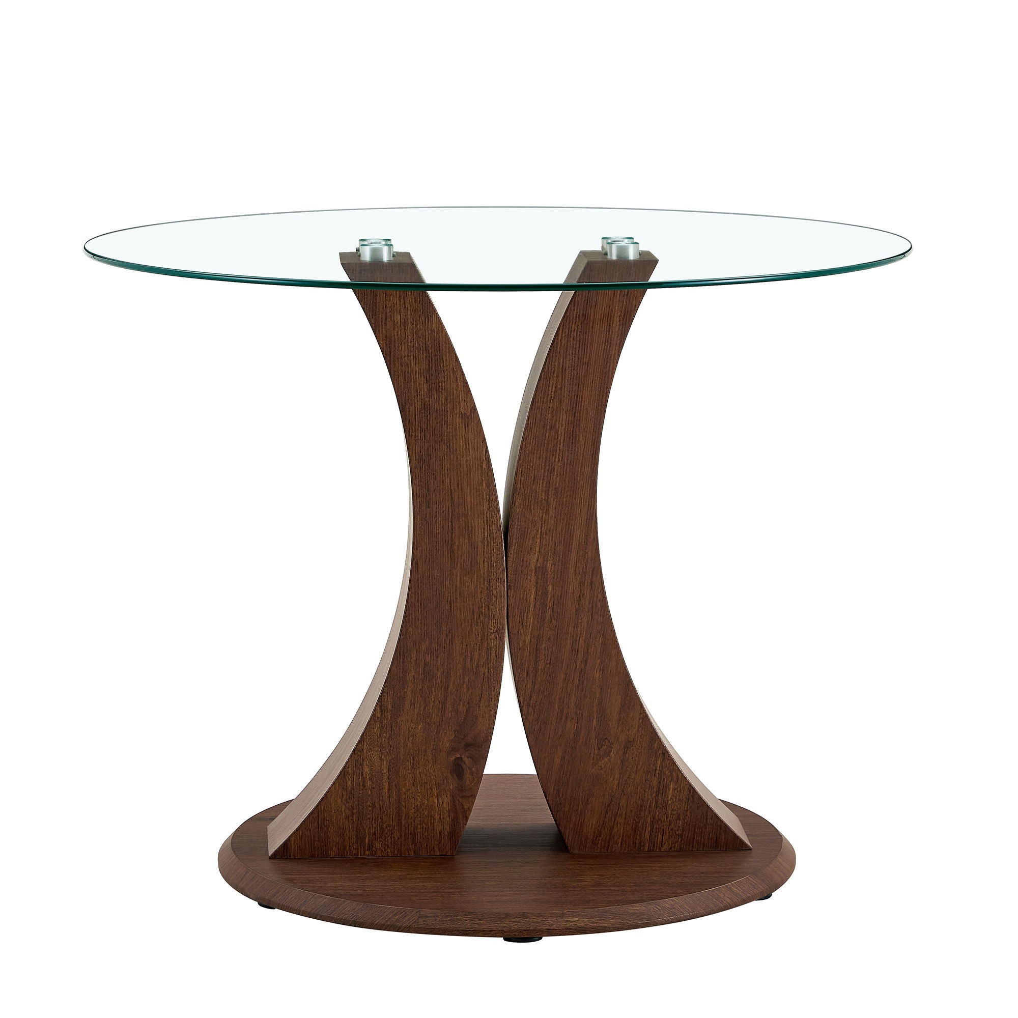 2 In 1 Round Glass Dining Table With Adjustable Curved Base, - Transparent / Walnut