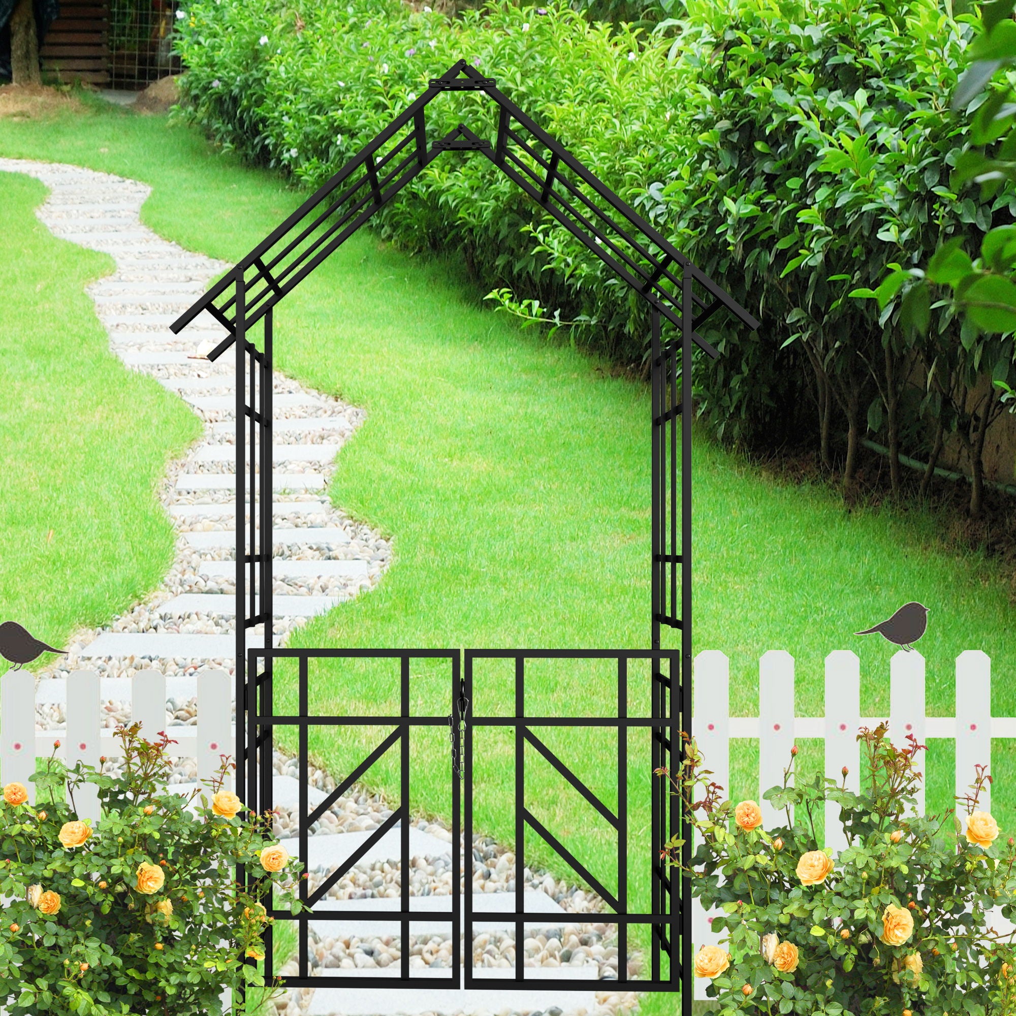 Garden Arch With Gate Climbing Plants Support Outdoor - Black