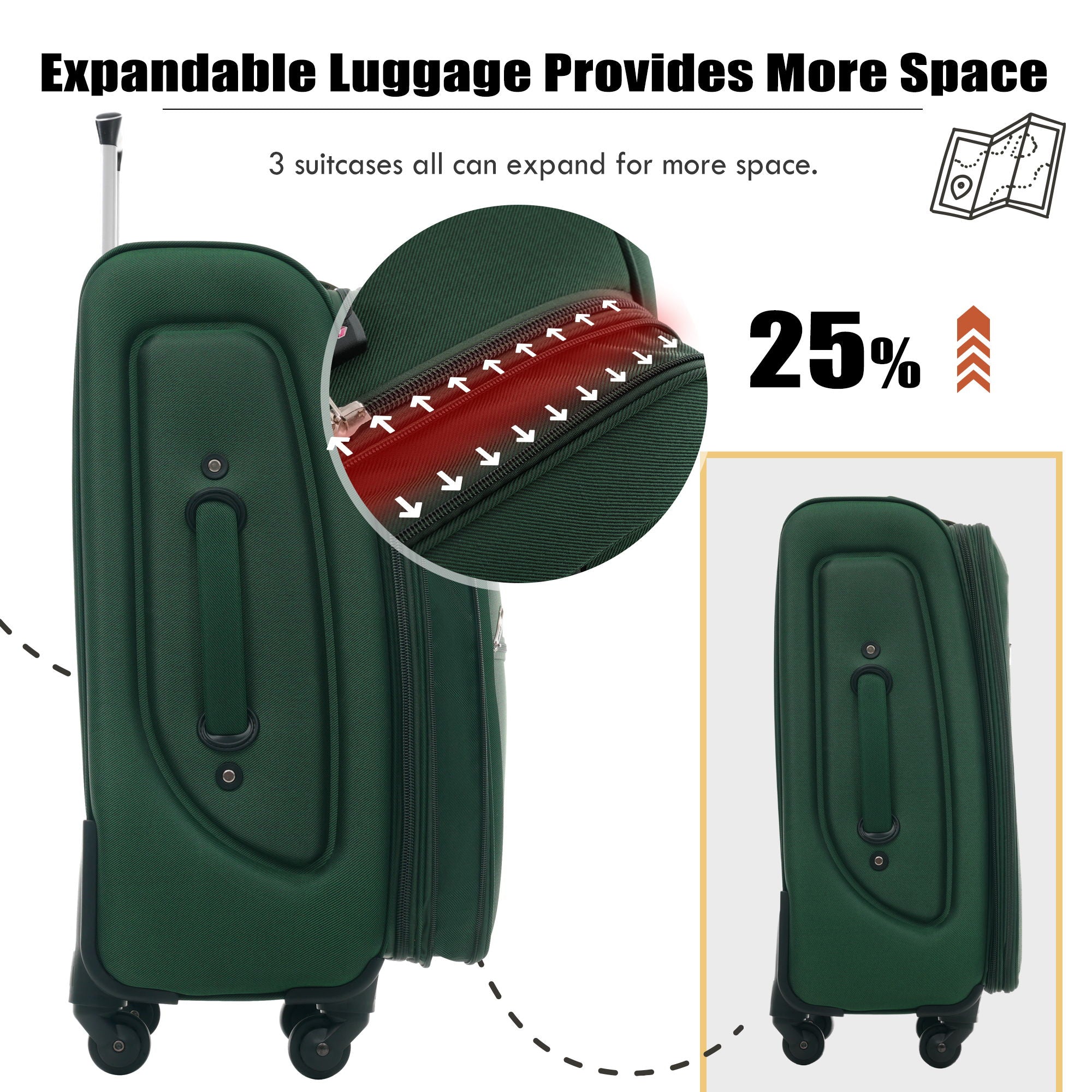 Softside Luggage Expandable 3 Piece Set Upright Spinner Lightweight Suitcase