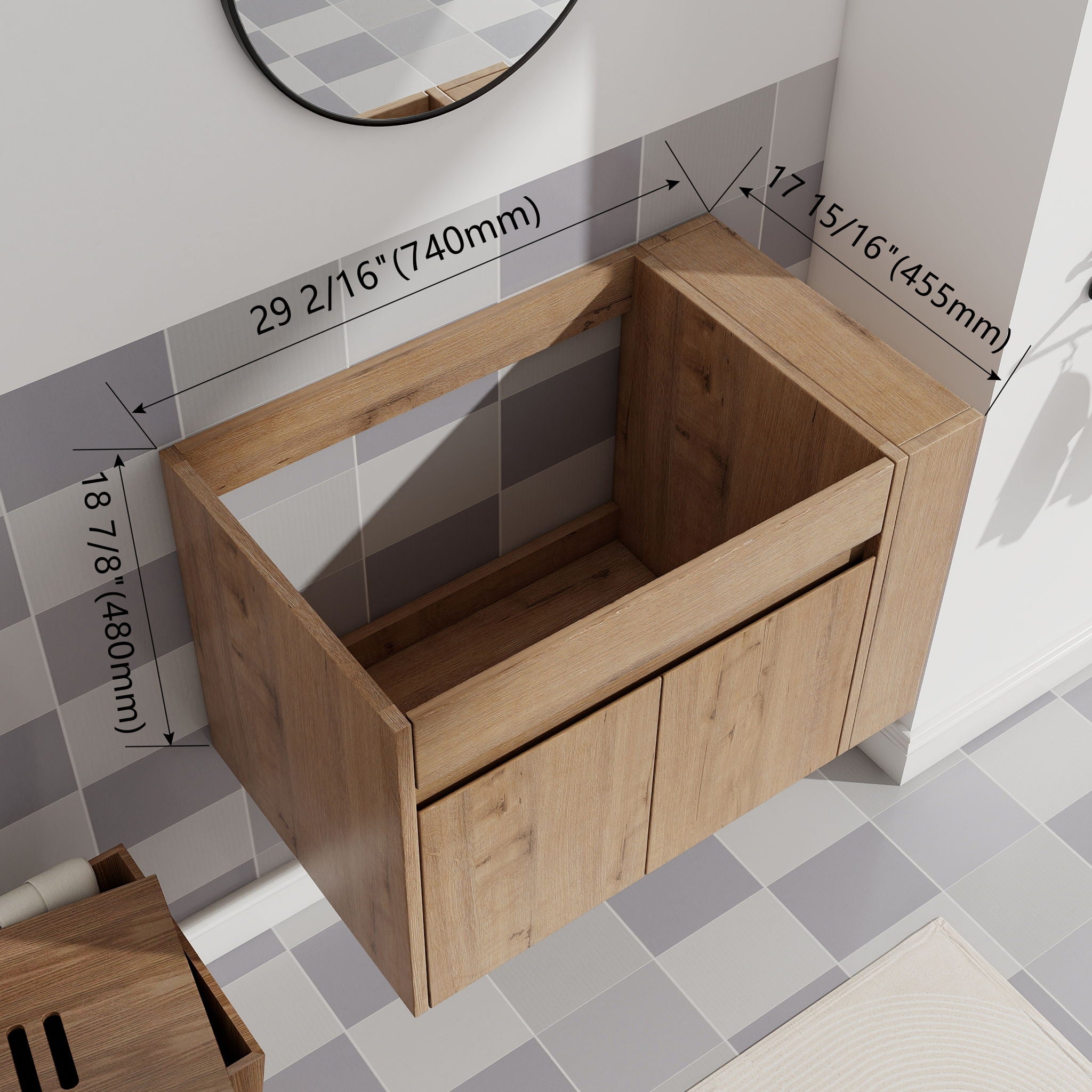 Wall Mounted Bathroom Vanity With Open Shelf, 29" Size (Vanity Only) - Imitative Oak