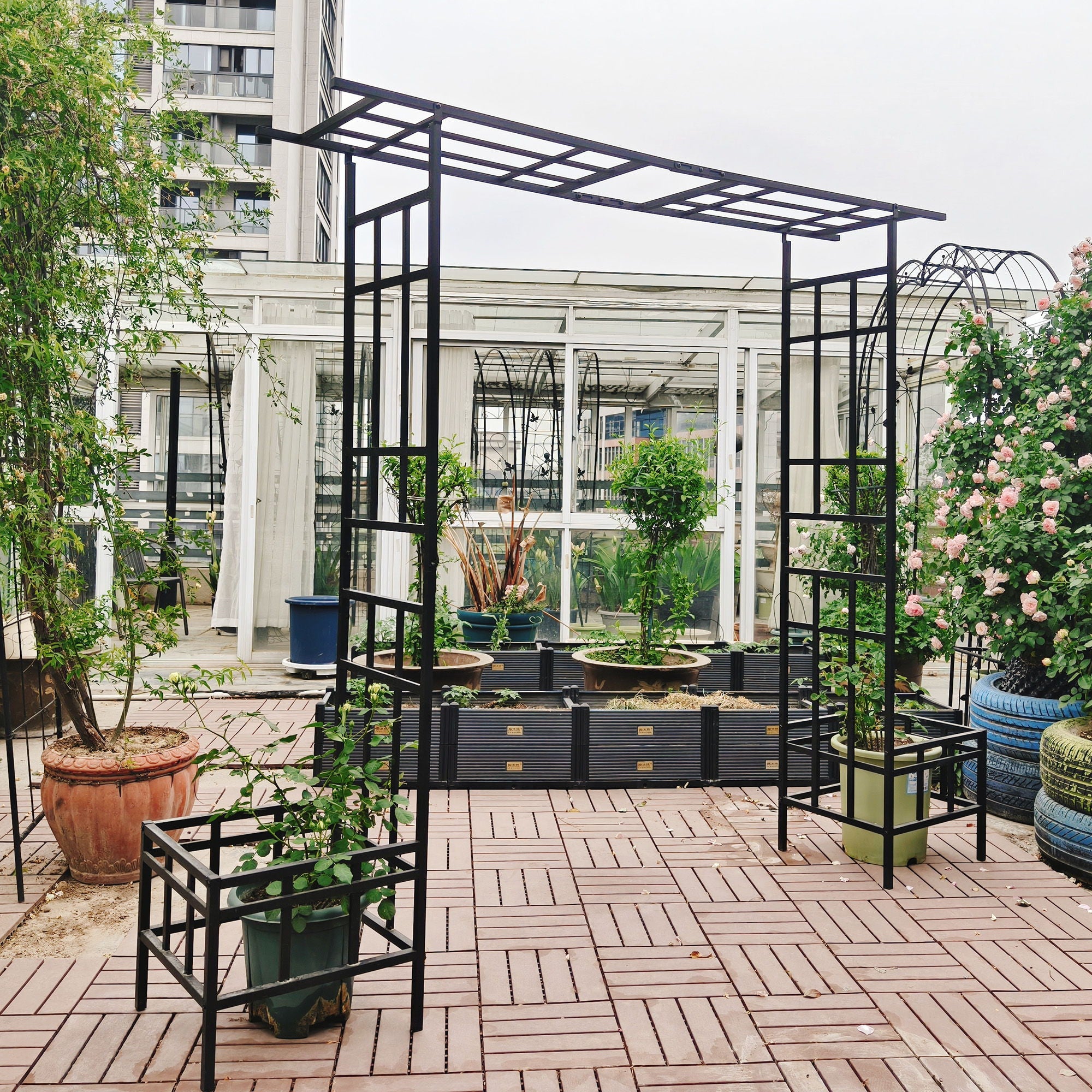 Garden Arch With Adjustable & Climbing Plants Support - Black