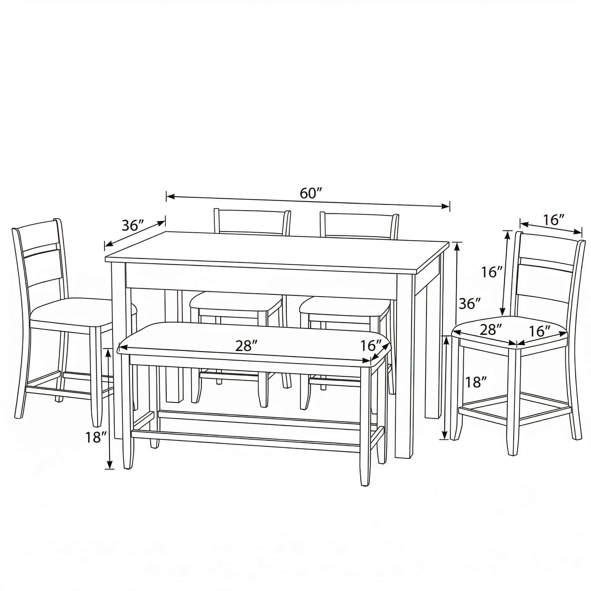 6 Piece Dining Set With Table, Chairs And Bench - Brown