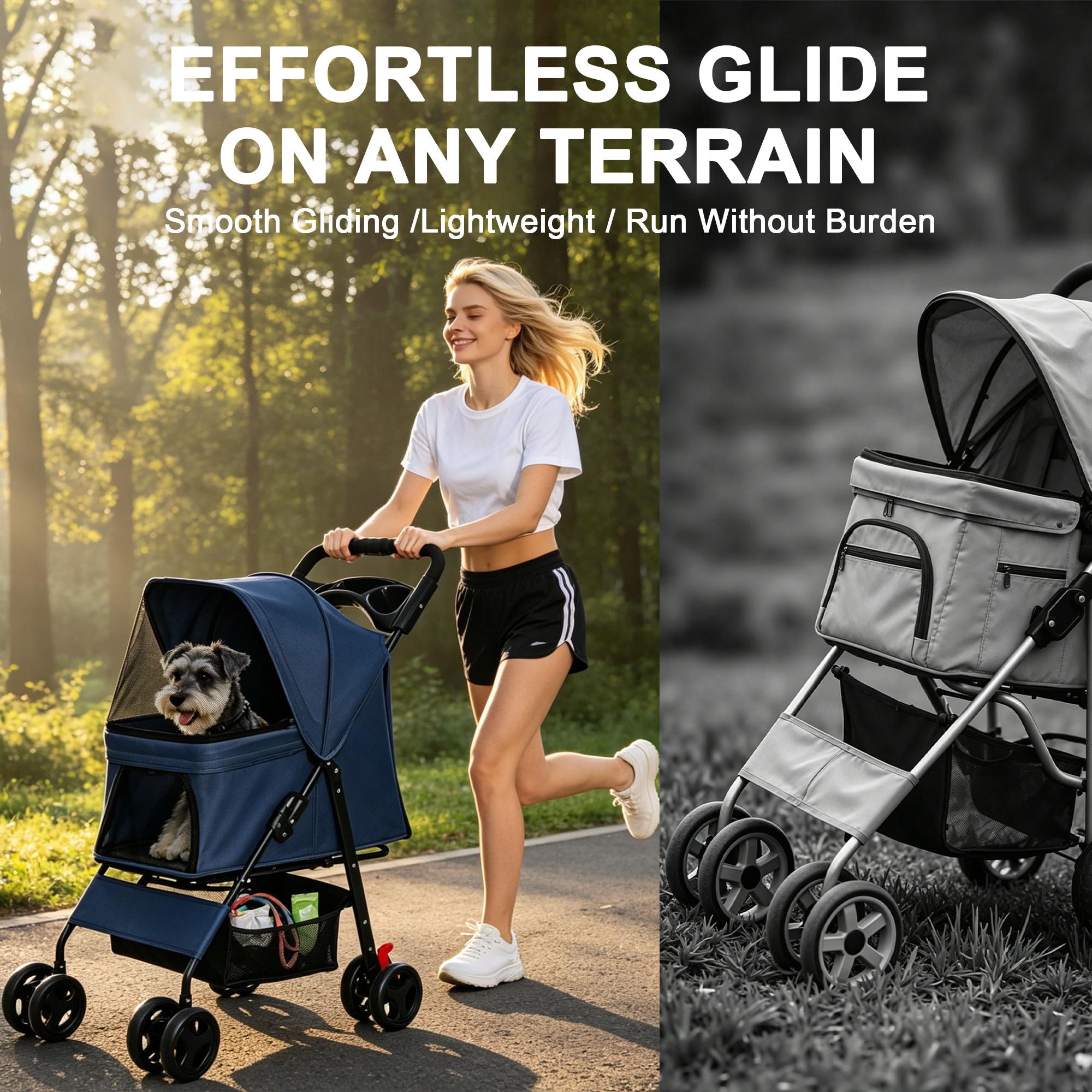 Foldable Pet Stroller For Small Dogs And Cats With Multi Functional Tray
