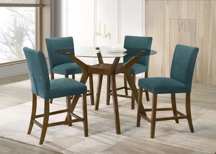 Paxton 5-piece Round Glass Top Counter Height Dining Set Teal Blue