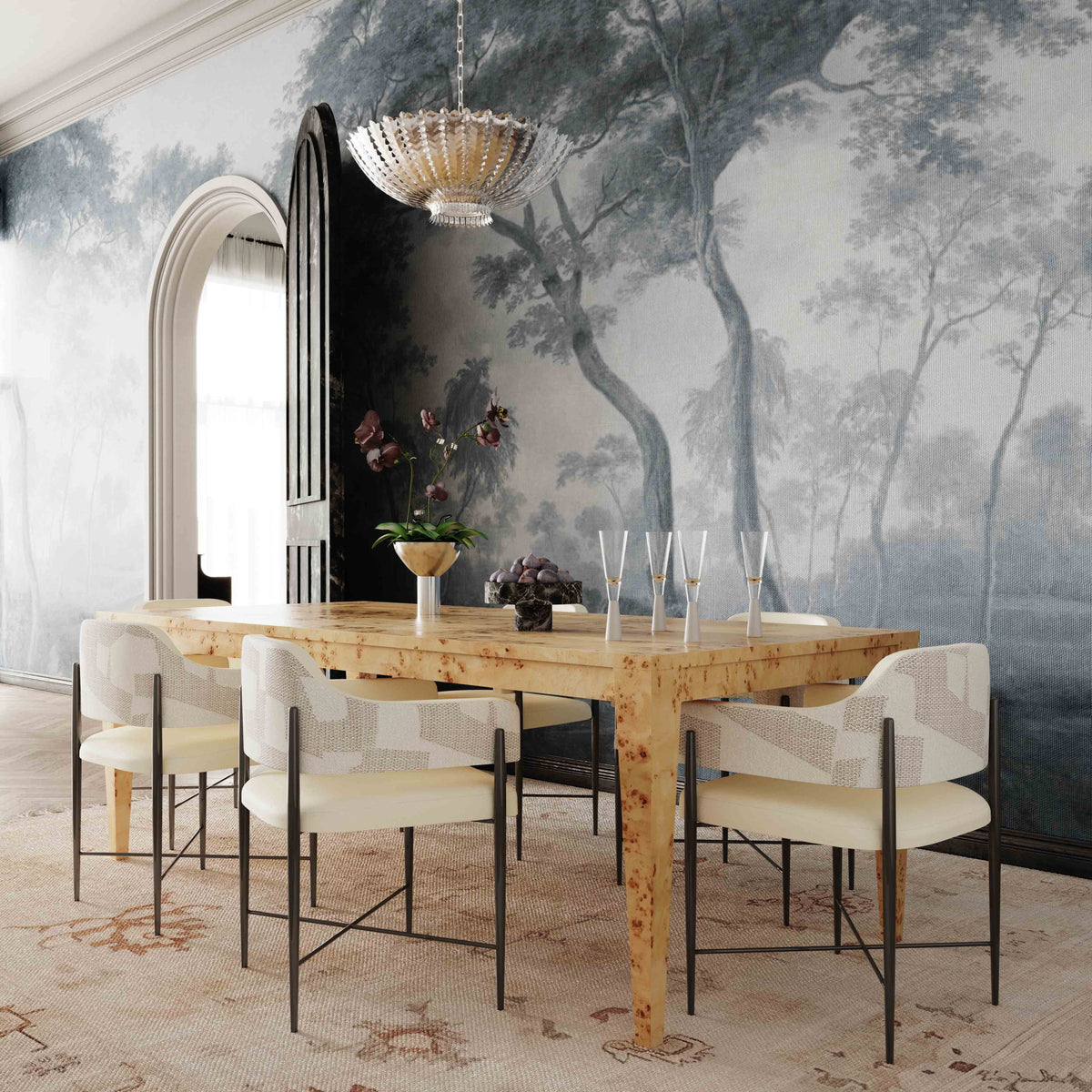 Sezanne - Vegan Leather And 2-Tone Jacquard Dining Chair - Cream