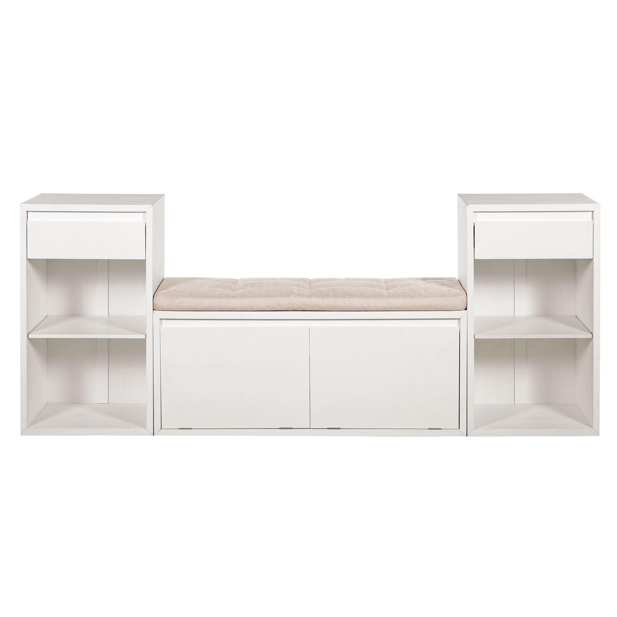 Entryway Storage Bench With Cushion, Drawers & Open Shelves