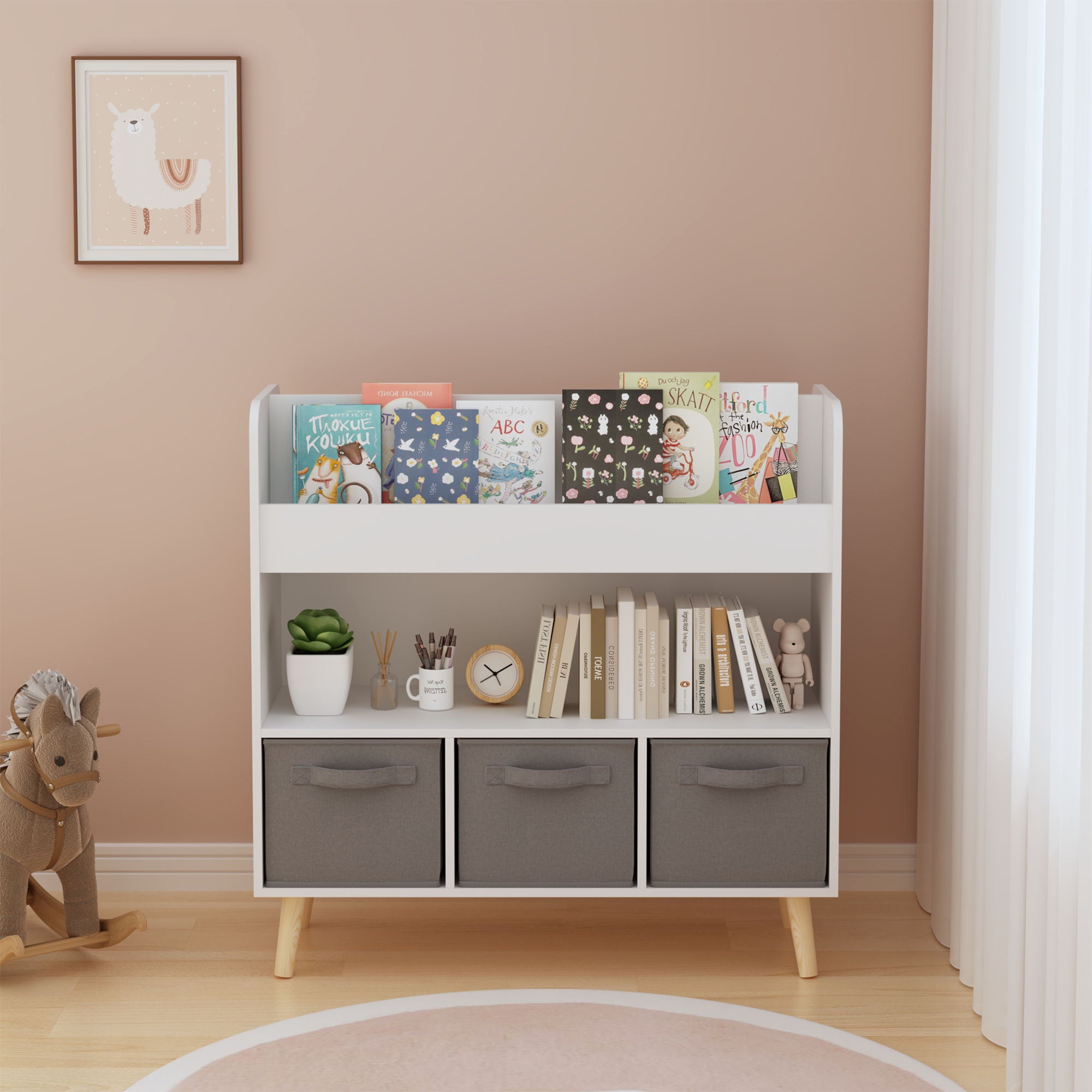 Bookshelf With 3 Bins, Storage Shelf For Toys And Books