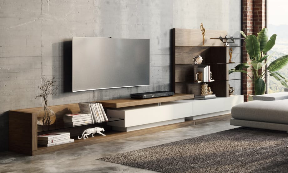 Jefferson Mid-Century Walnut and White High Gloss Entertainment Center