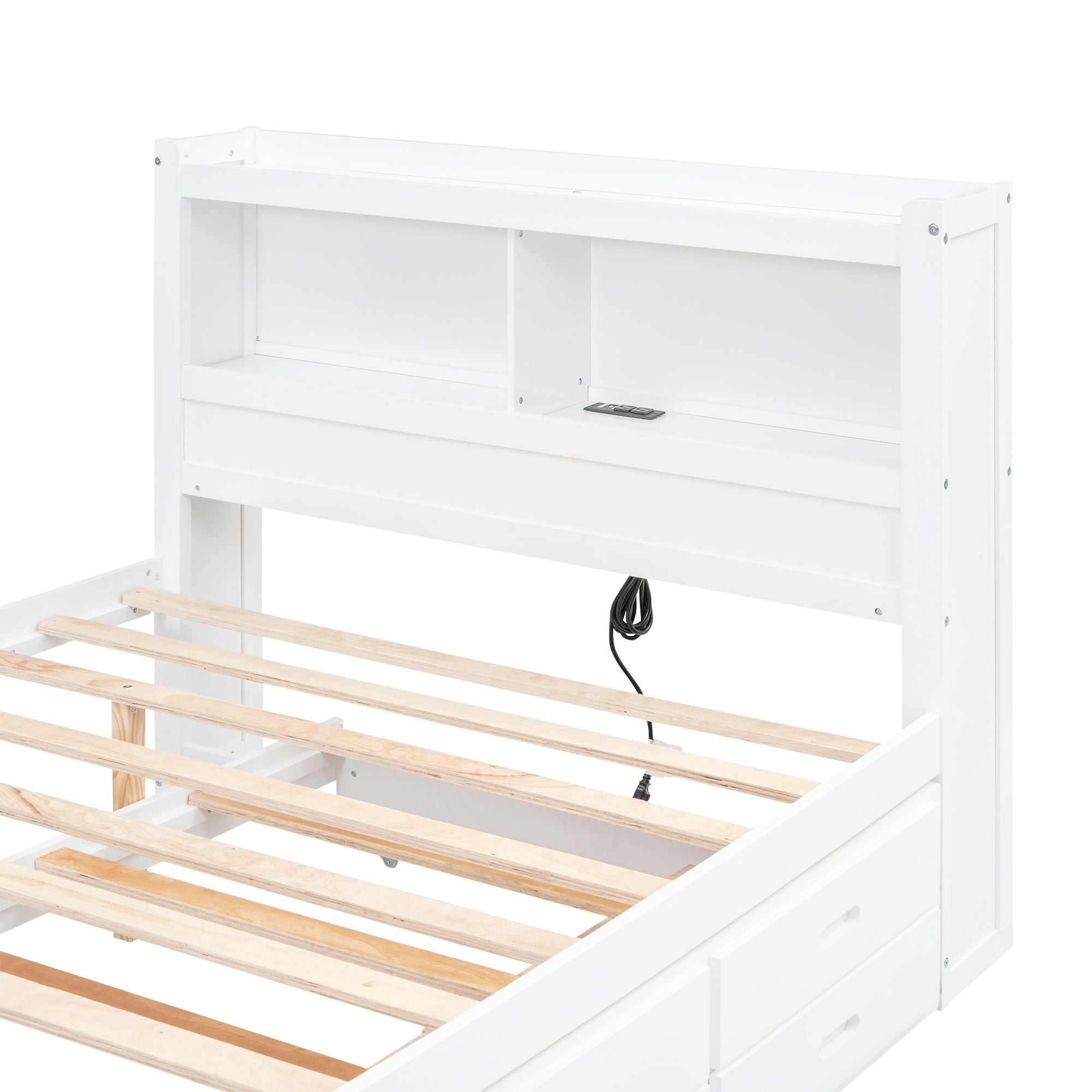 Platform Bed With Trundle, Drawers, USB Ports And Built In Shelves
