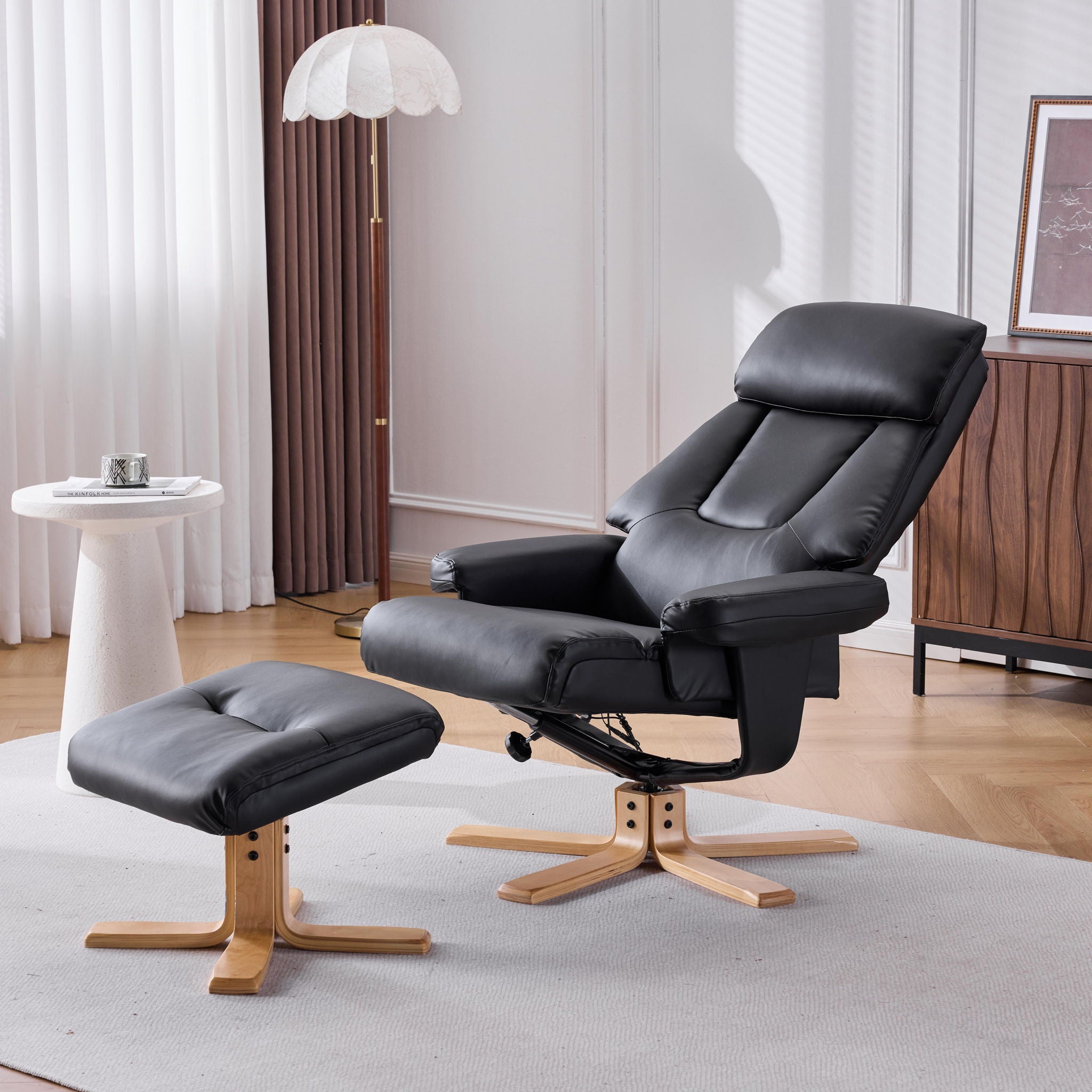 Massage Recliner With Ottoman, 360° Swivel, Heat & Vibration - Black Pu