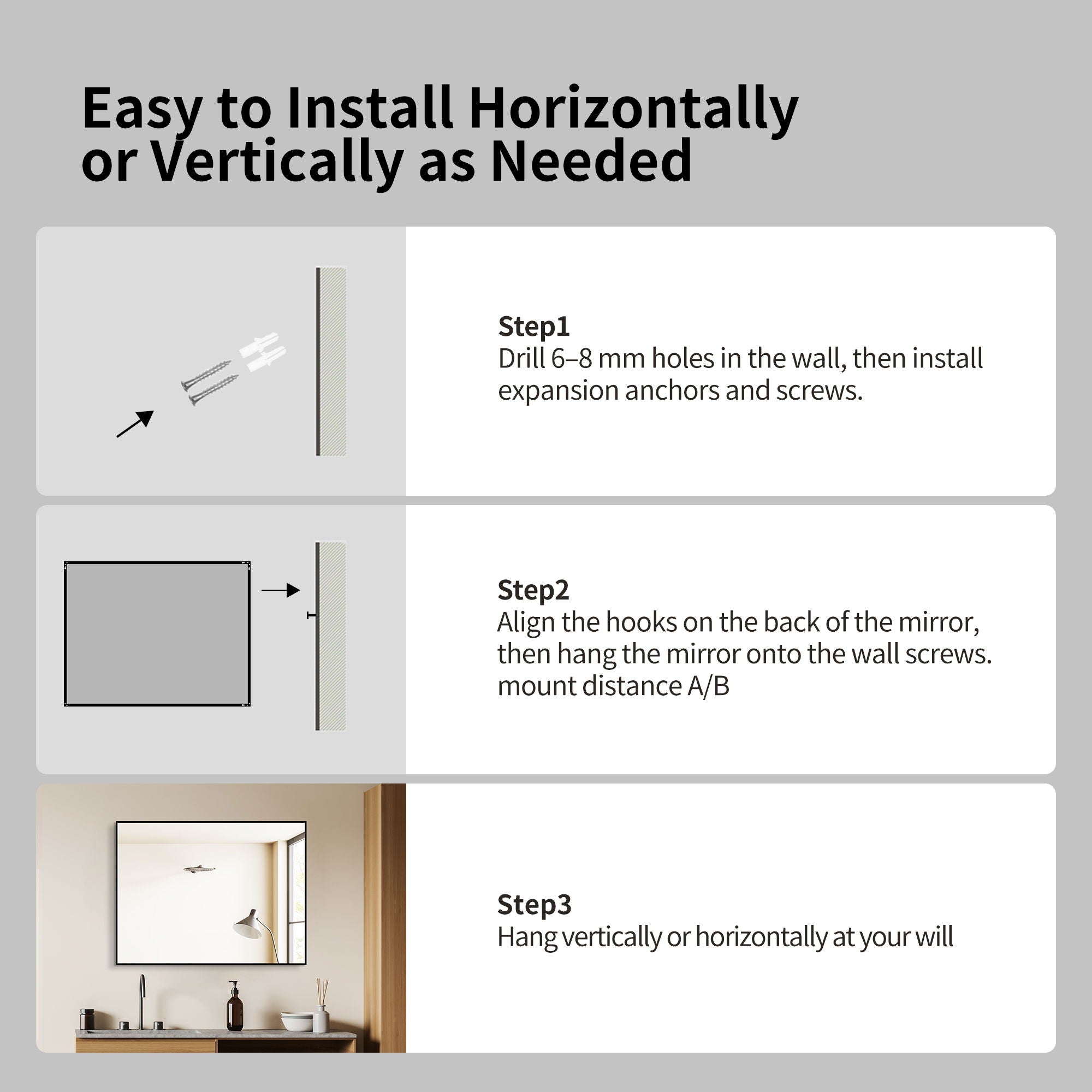 Rectangular Framed Bathroom Wall Mirror, Horizontal Or Vertical Mount