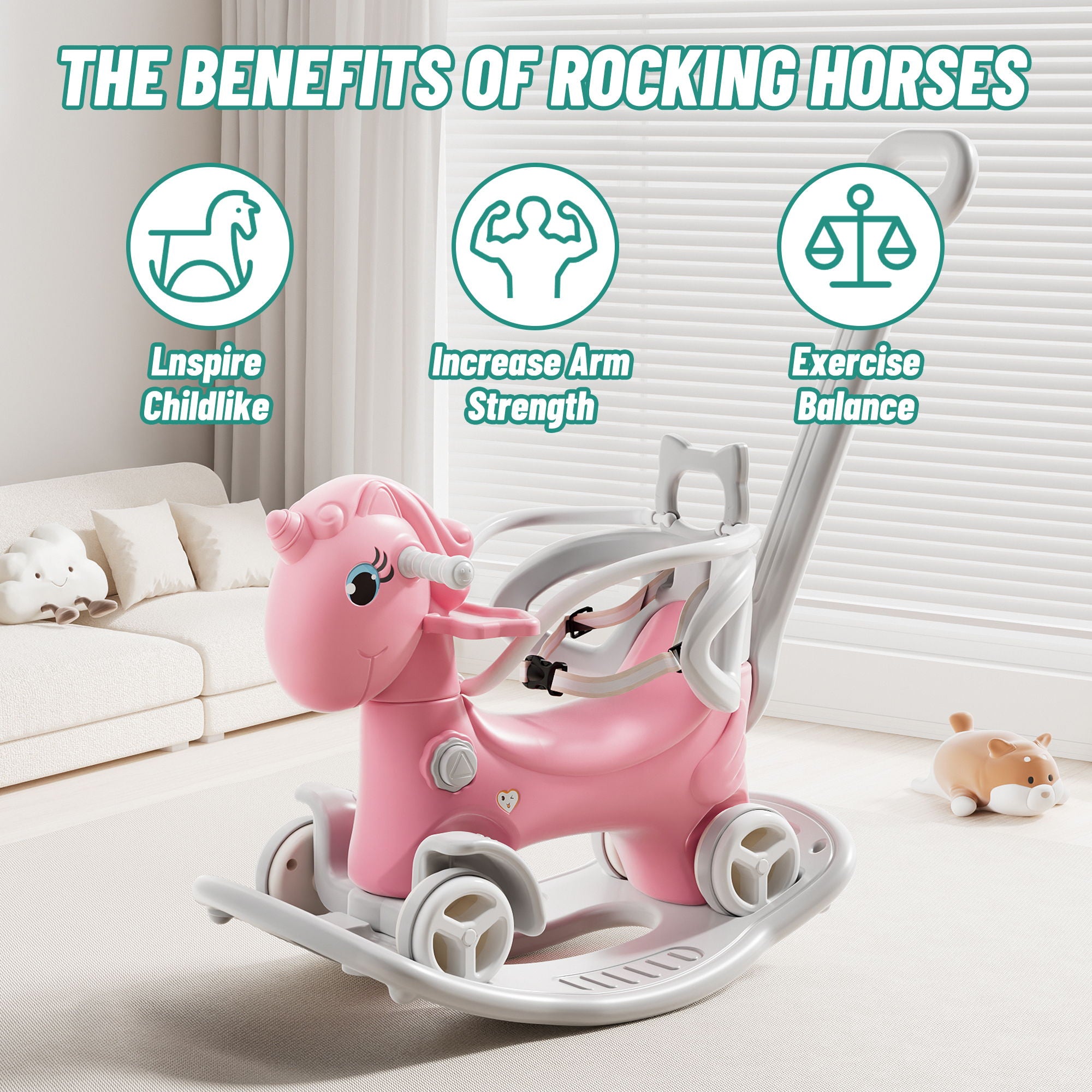 Unicorn Rocking Horse For Toddlers, Ride On Toy With Push Handle And Balance Board - Pink