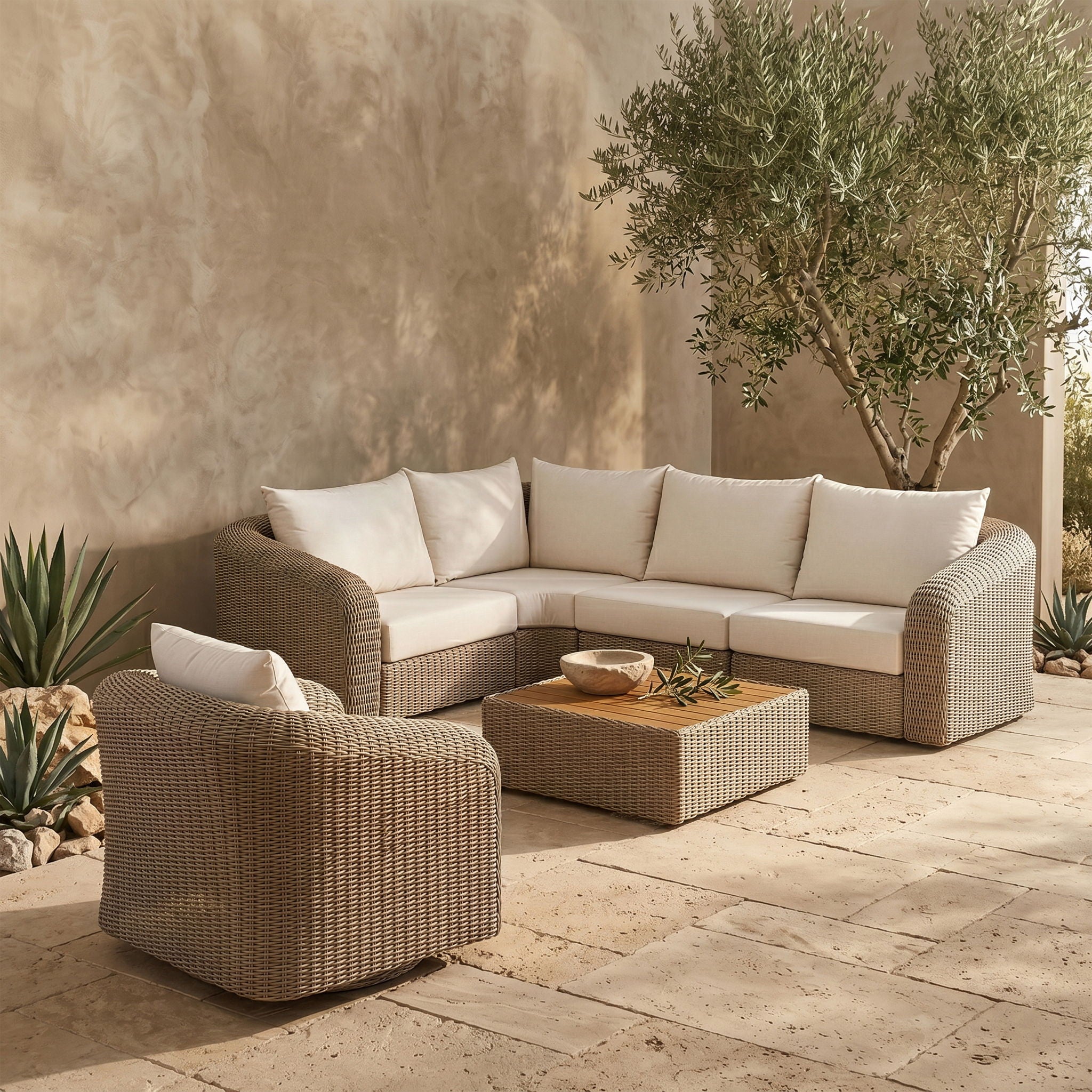 Seacrest - Olefin Water Resistant Fabric And Wicker 4 Piece Outdoor Patio Modular Sectional