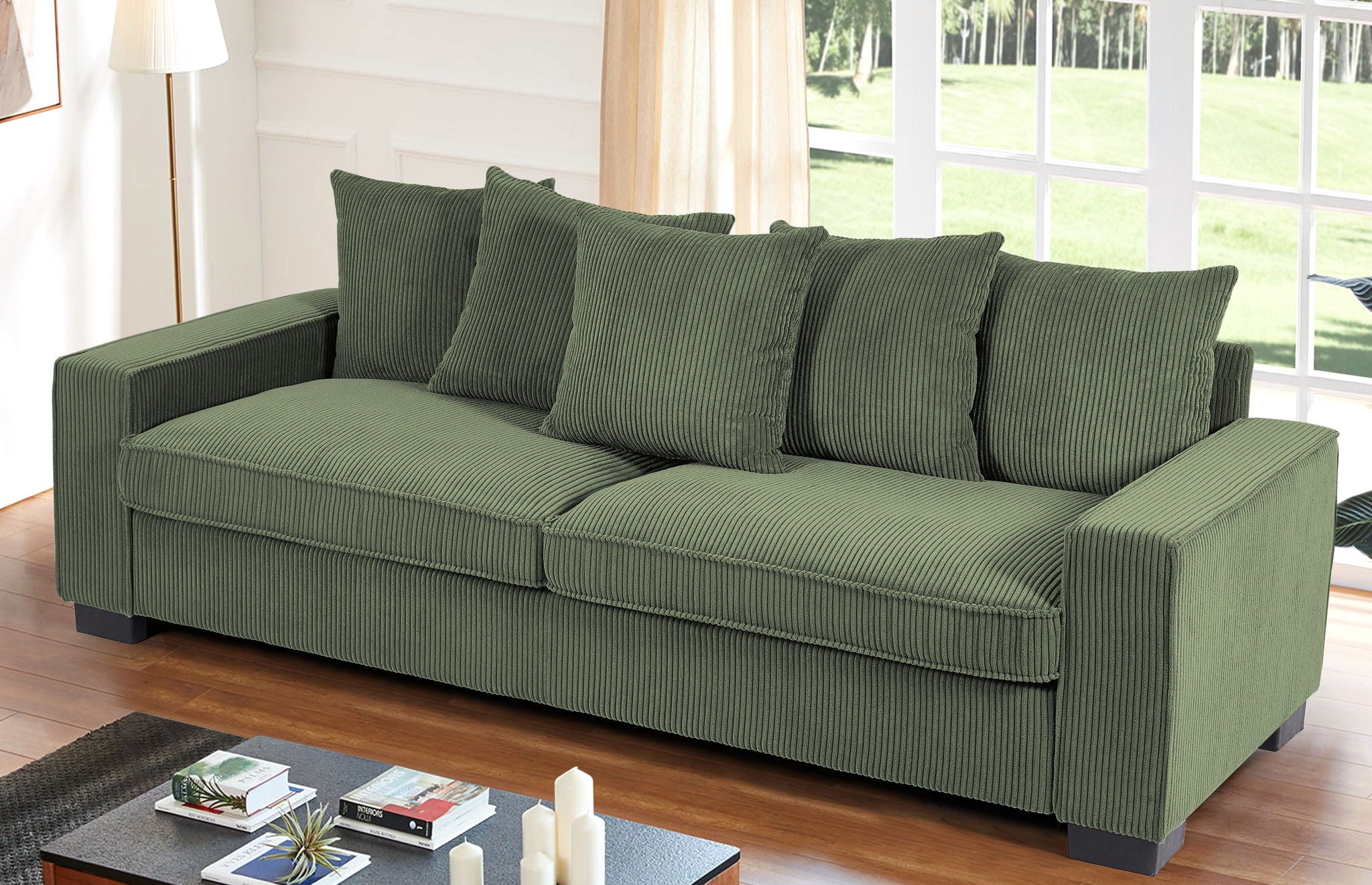 Luxe Sofa With 5 Matching Toss Pillows, Sleek Design, Spacious And Comfortable 3 Seater Couch