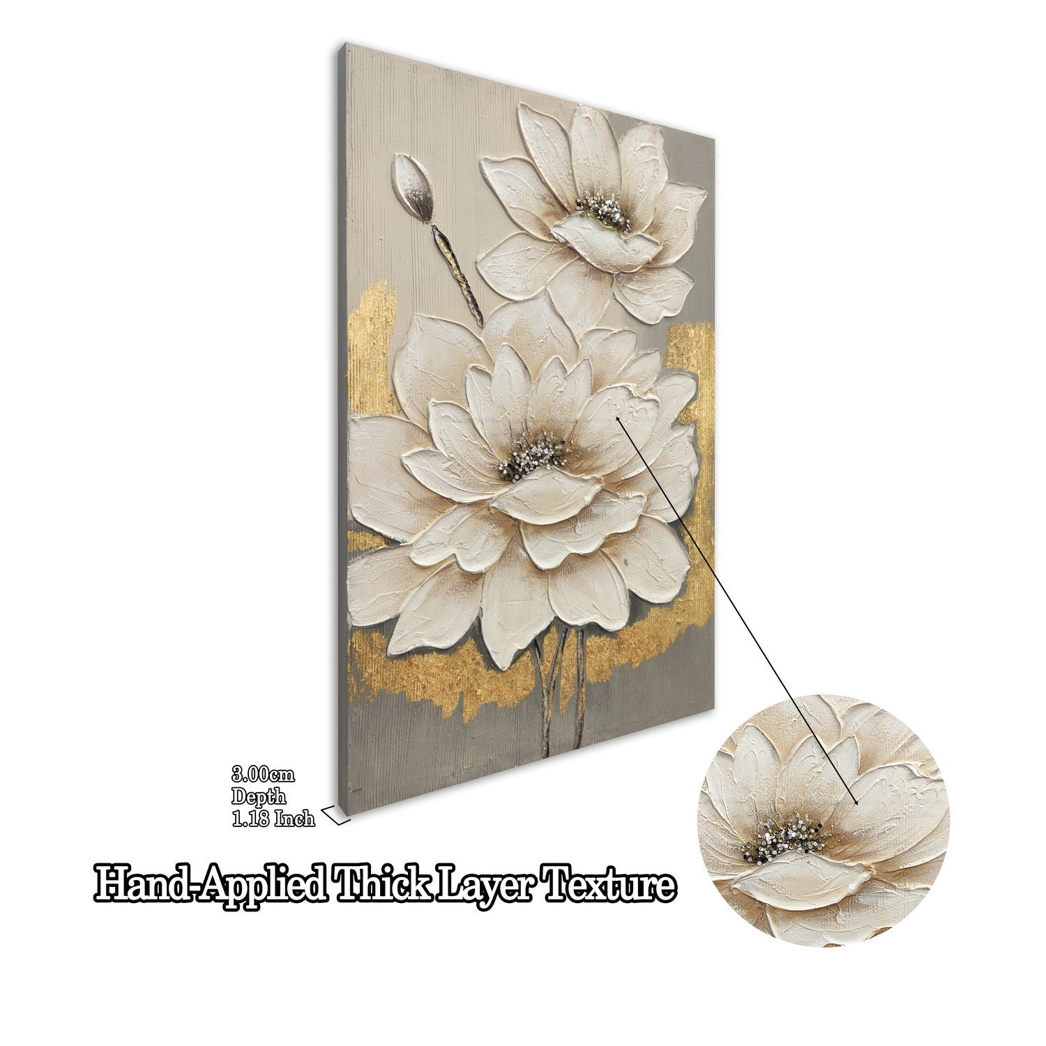 Lotus Flower Canvas Wall Art, Hand Painted Thick Textured Floral Painting With Accents, Neutral Decor For Living Room - Antique White / Gray