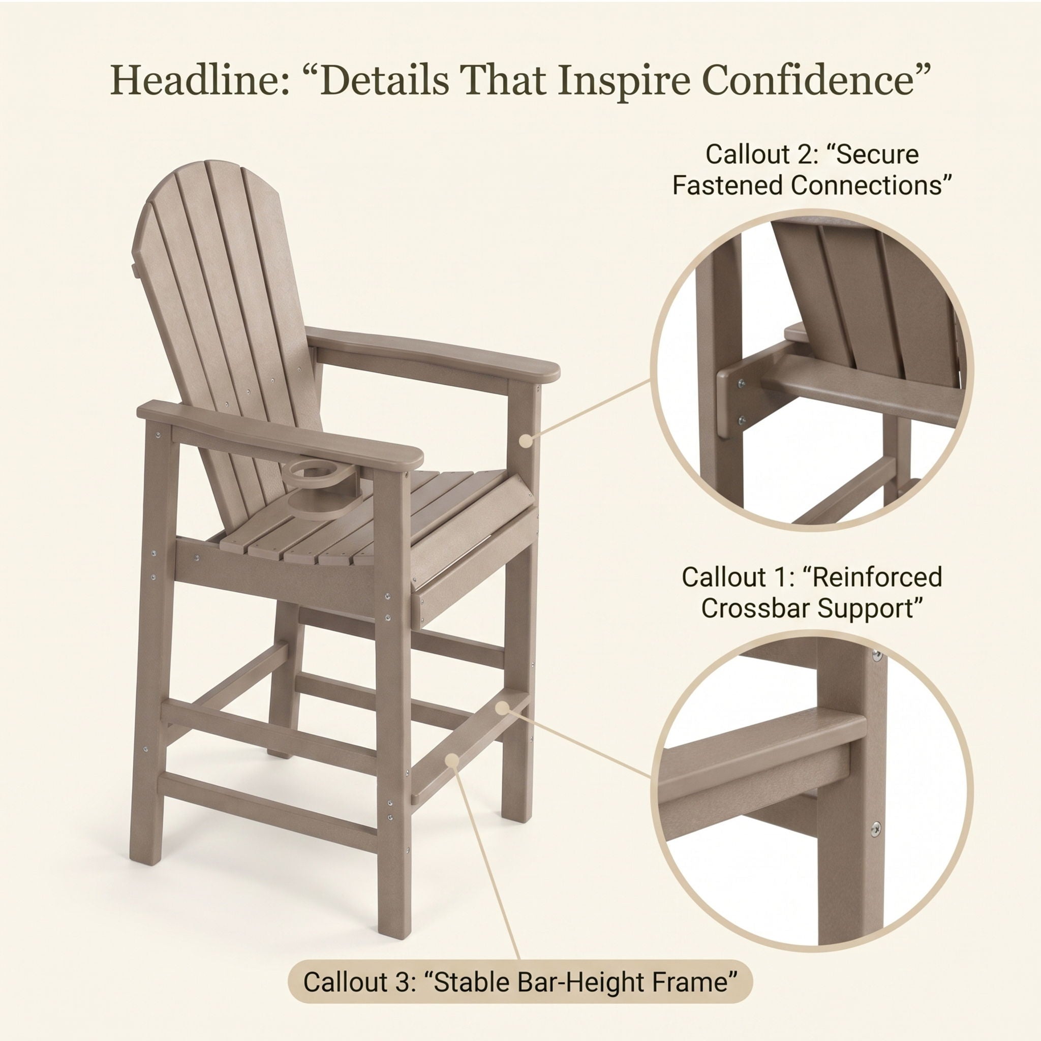Bar Height Adirondack Chair With Cup Holder And Armrests