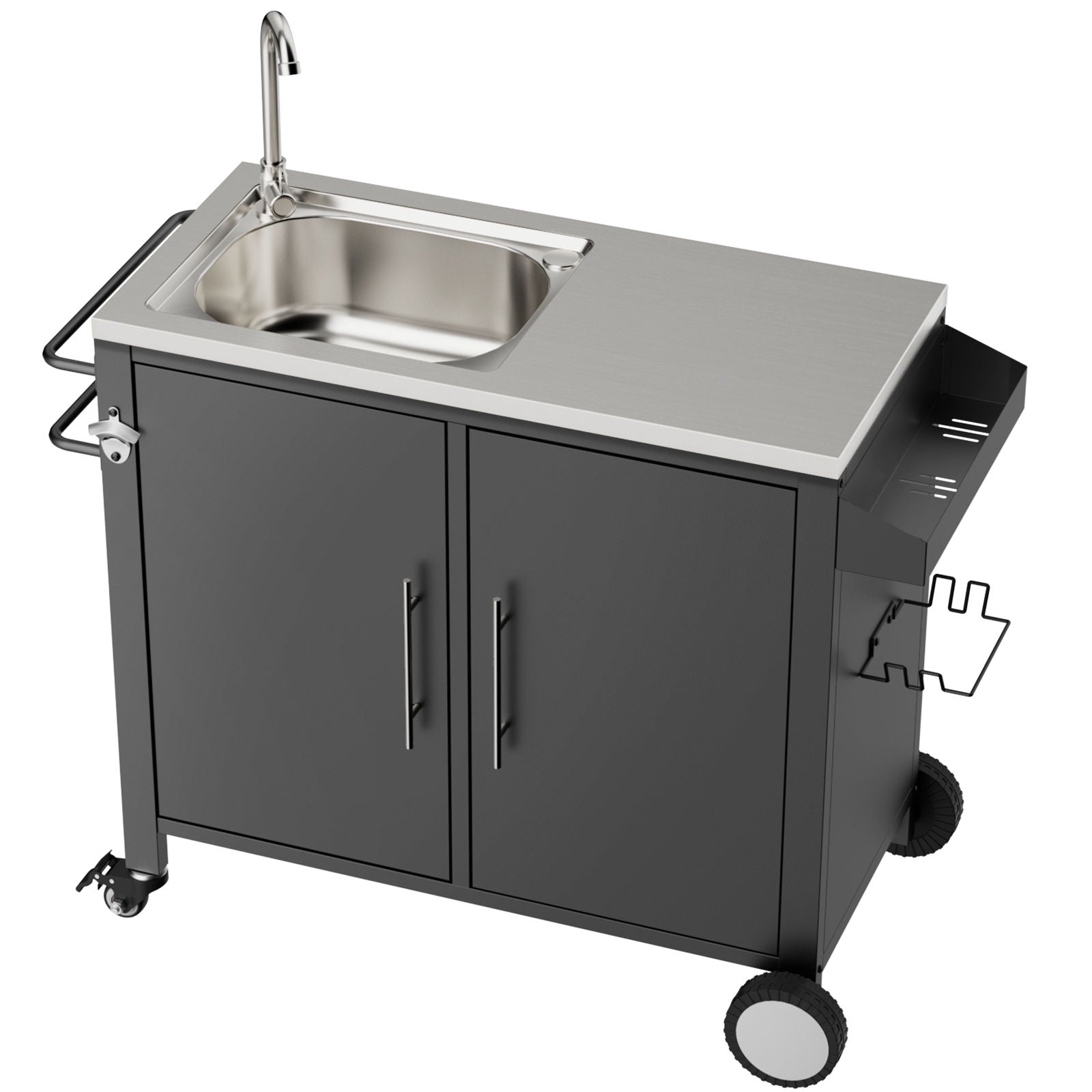 Outdoor Grill Table With Sink, Grill Cart With Sink And Cabinet With Wheels - Black / Silver