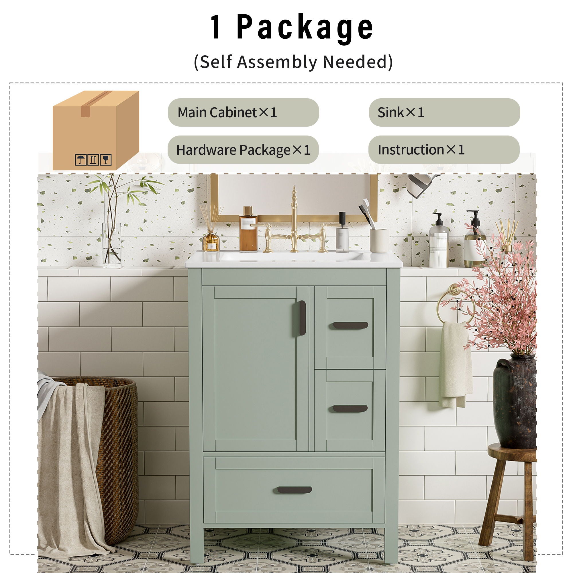 Bathroom Vanity With Sink, Soft-Close Doors, Double-Layer Shelf And 3 Drawers