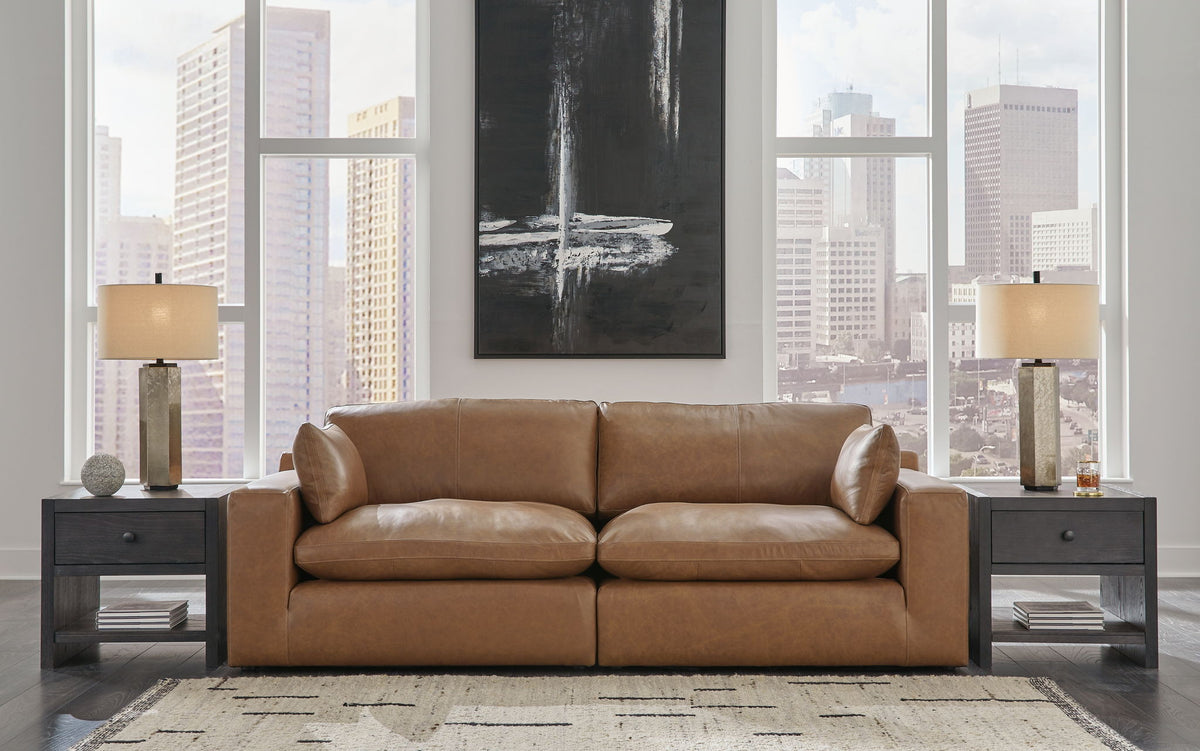 Emilia - 3 Pc. - 2-Piece Sectional Loveseat, Ottoman - Caramel