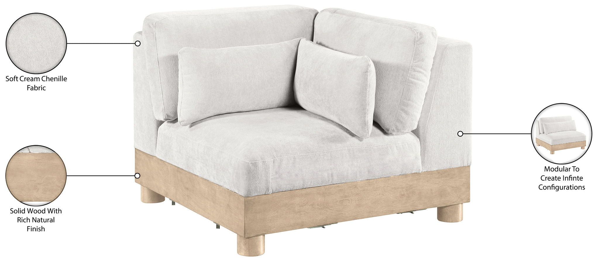 Turin - Chenille Fabric Upholstered Modular Corner Chair - Natural Base