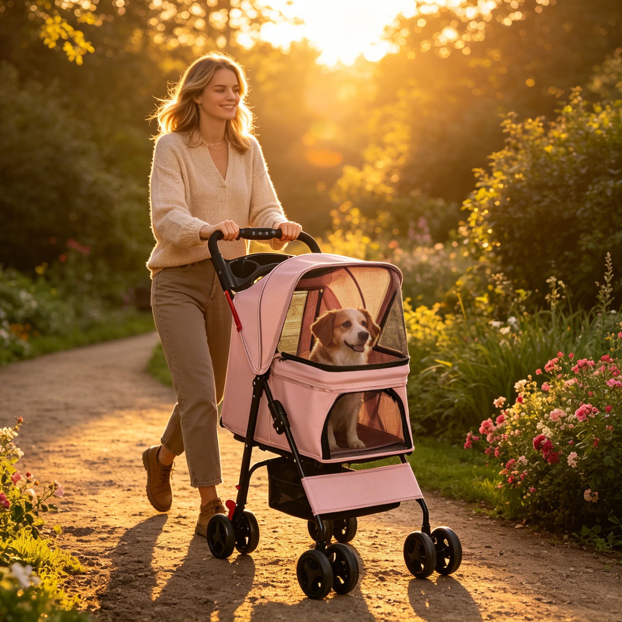 Foldable Pet Stroller For Small Dogs And Cats With Multi Functional Tray