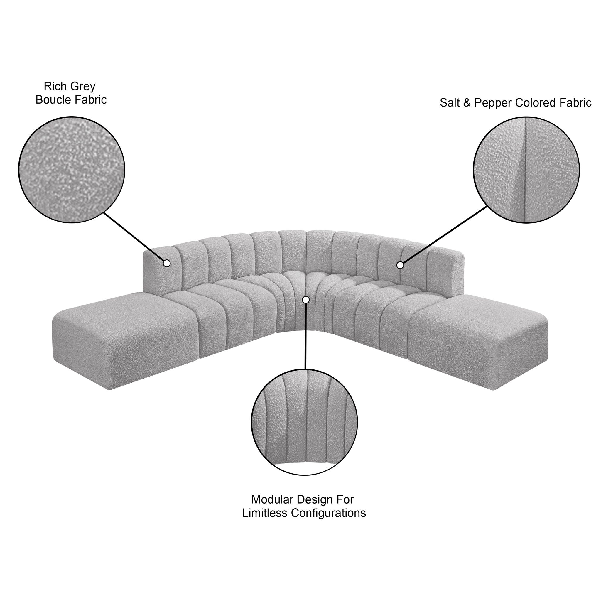 Arc - Boucle Fabric 6 Piece Corner Modular Sofa